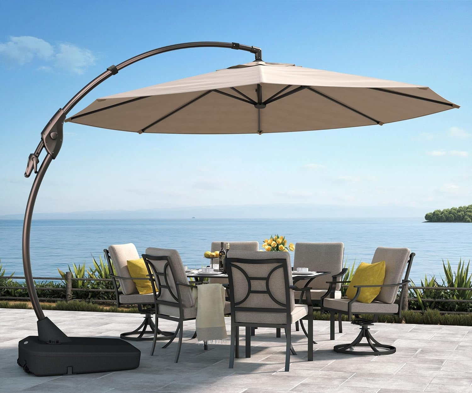 11ft Cantilever Umbrella With Base Champagne Aluminum Outdoor Patio Shade Durable Frame-1