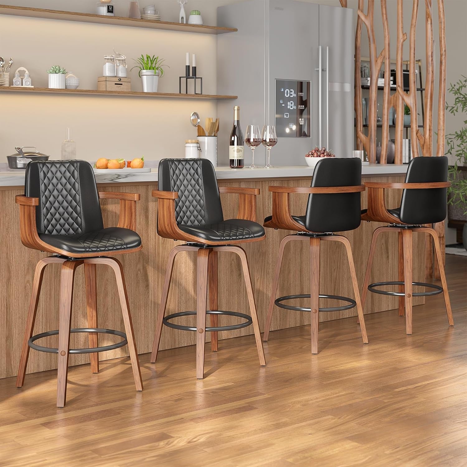 Set Of 3 26 Inch Bar Stools Black PU Leather Upholstery-3