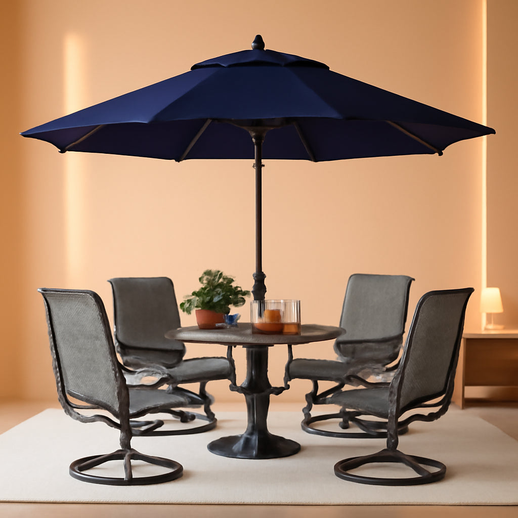 Patio Dining Set for 4 With Navy Umbrella and Padded Chairs-0