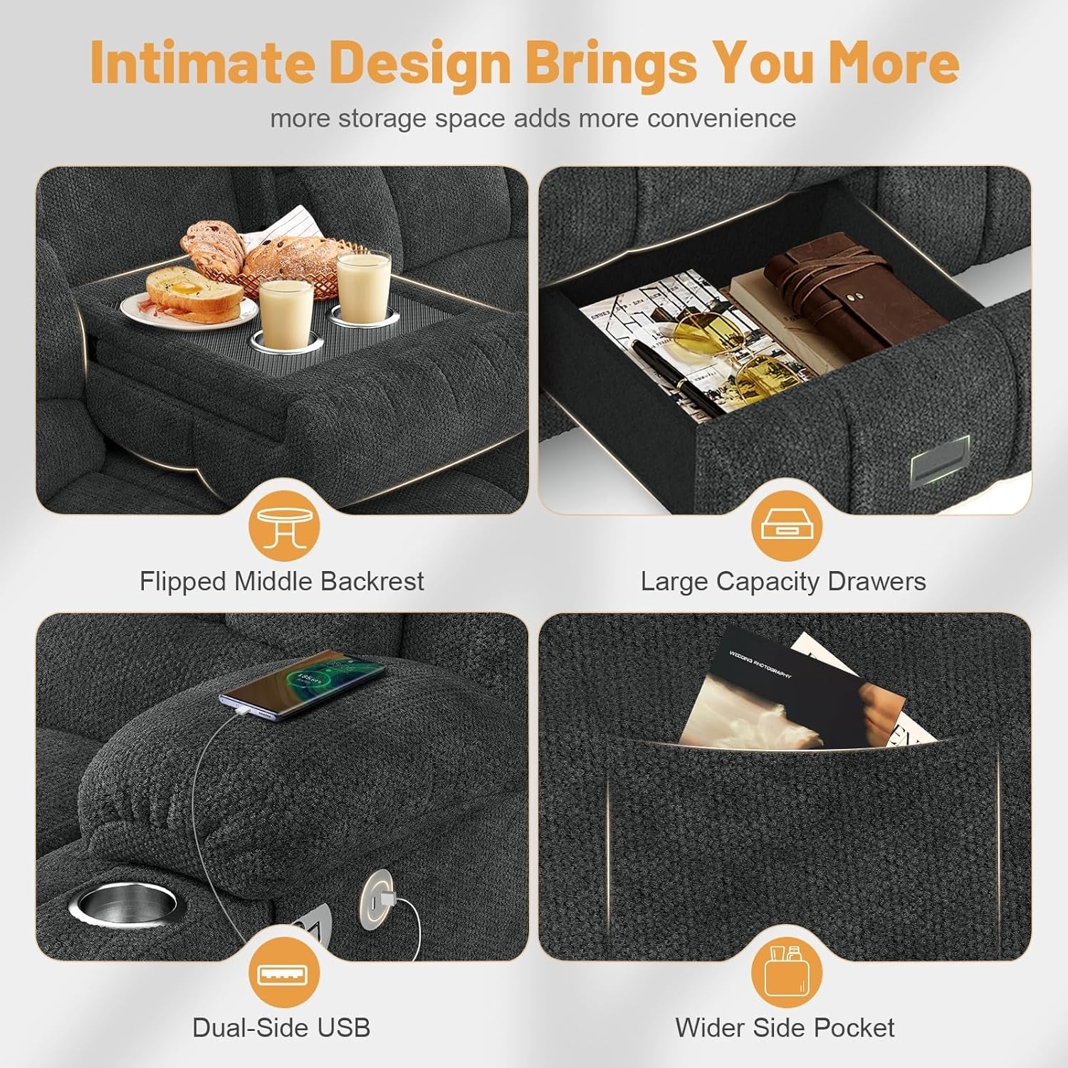 Loveseat Recliner Sofa, Flip Middle Backrest Design 3 Seat Reclining Sofa with Storage Drawer, USB Ports & Cup Holders, Manual Couch for Living Room/Rv (Gray)-4