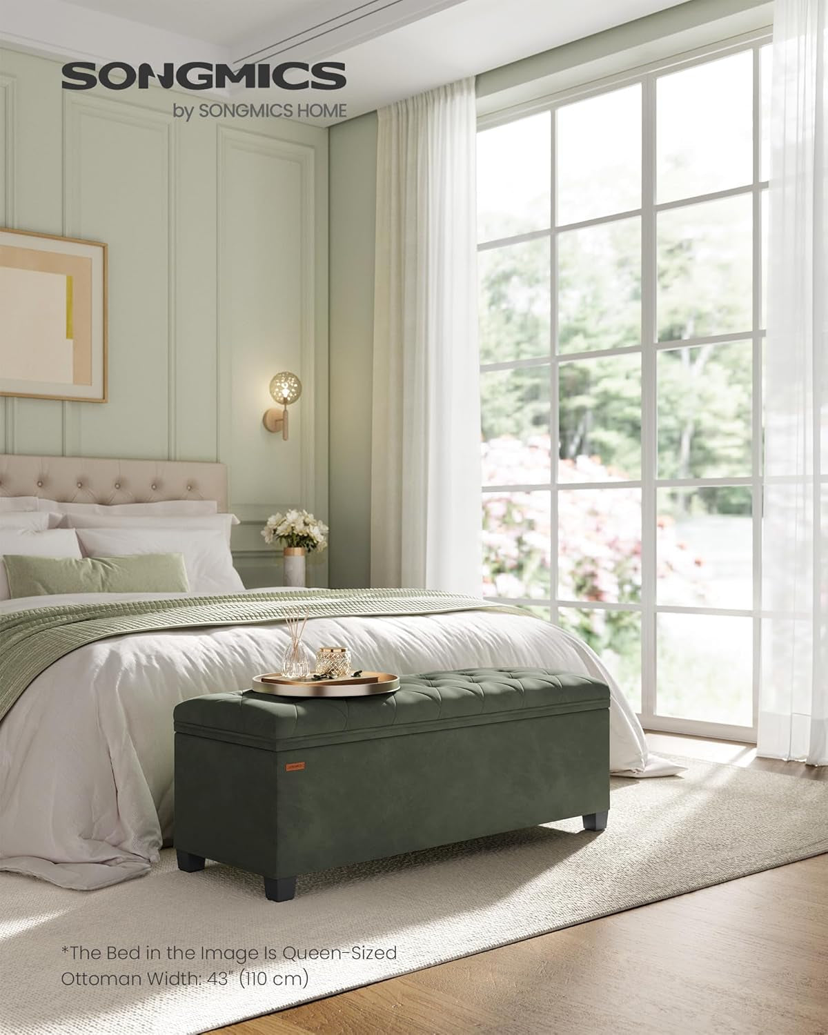 Forest Green Velvet Storage Ottoman Bench Entryway-1