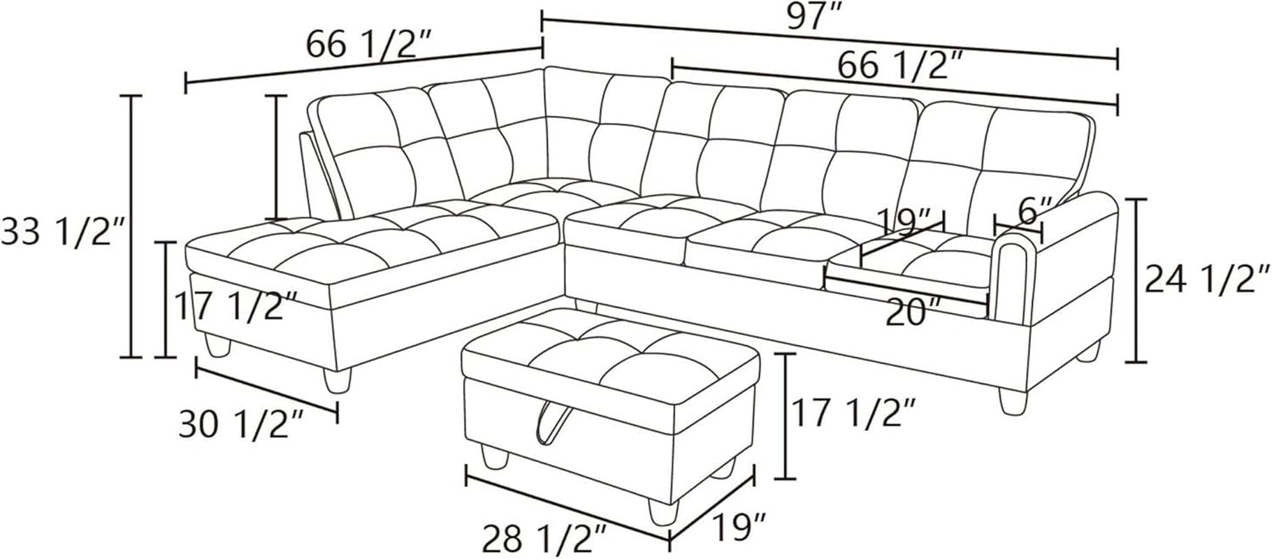 3-Piece Flannel Sectional Sofa Set with Left Facing Chaise and Storage Ottoman, Pillow, L-Shaped Couch for Living Room, Office, Apartment, Grey-1
