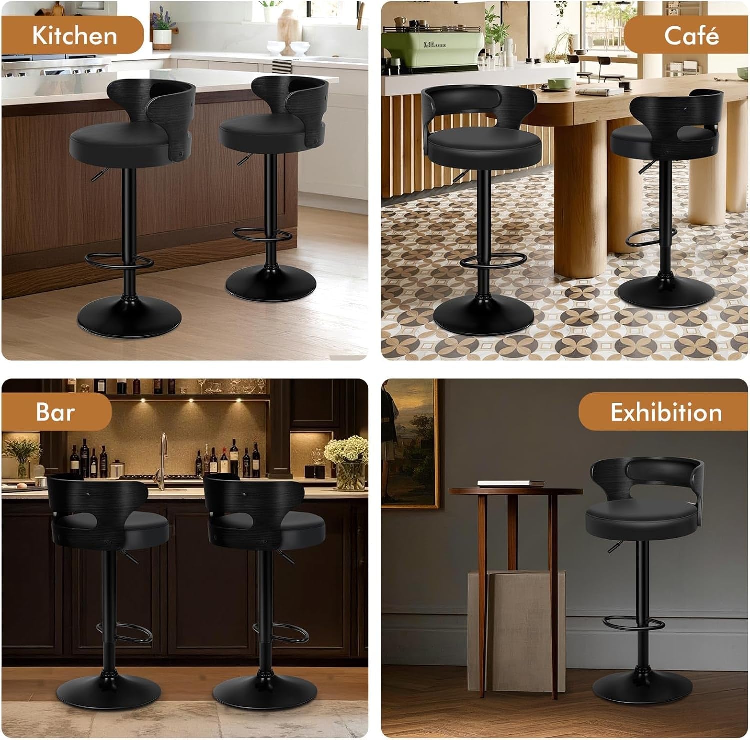 Adjustable Swivel Bar Stools Set of Two Black-4