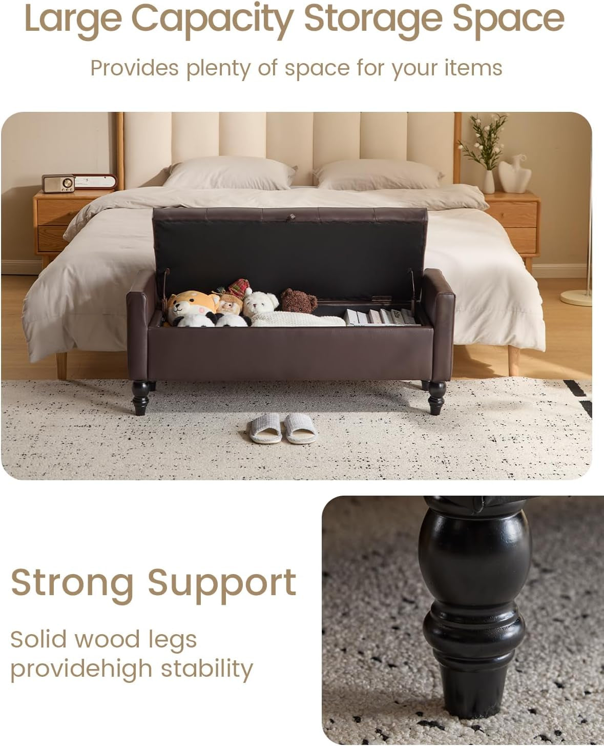 Brown Genuine Leather Storage Ottoman Bench Bedside-2