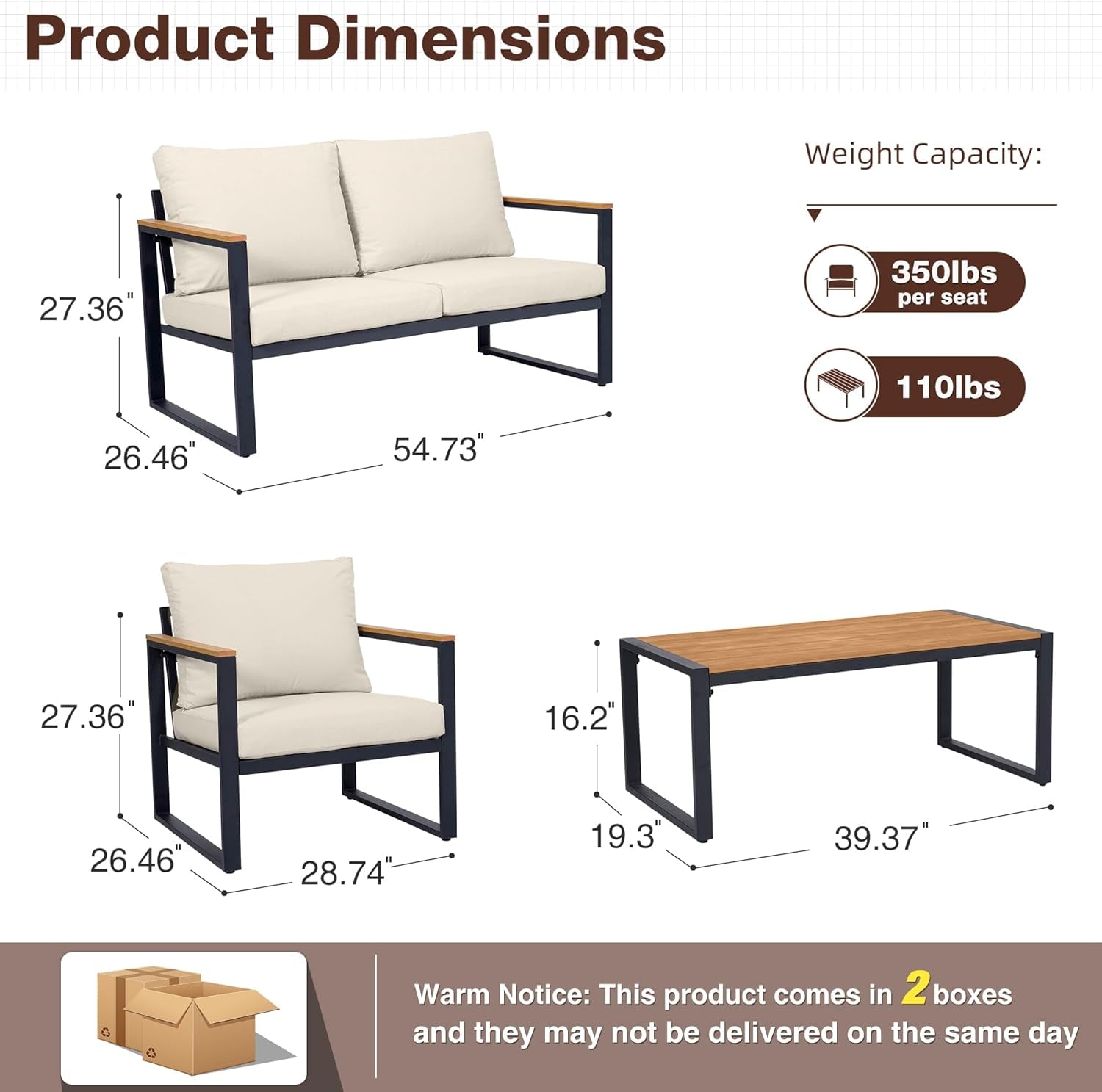 4 Piece Patio Set With Coffee Table Beige Metal Frames And Washable Cushions-1