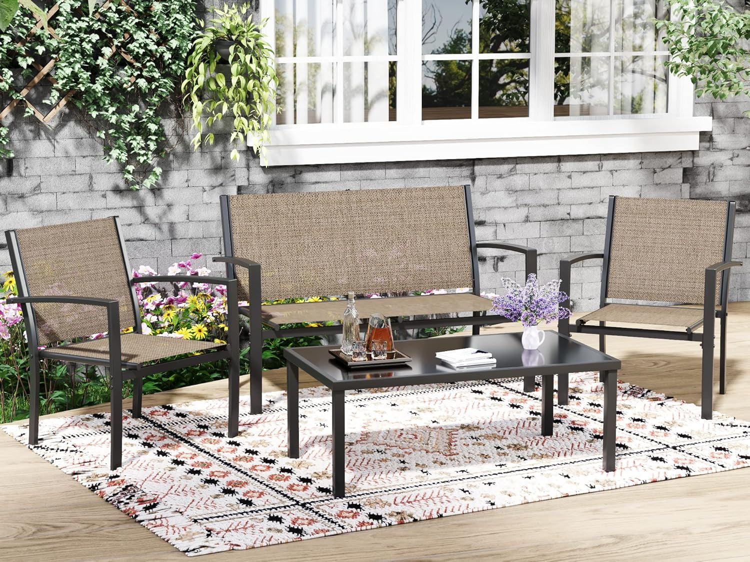 4 Piece Patio Furniture Set With Glass Coffee Table Brown-1