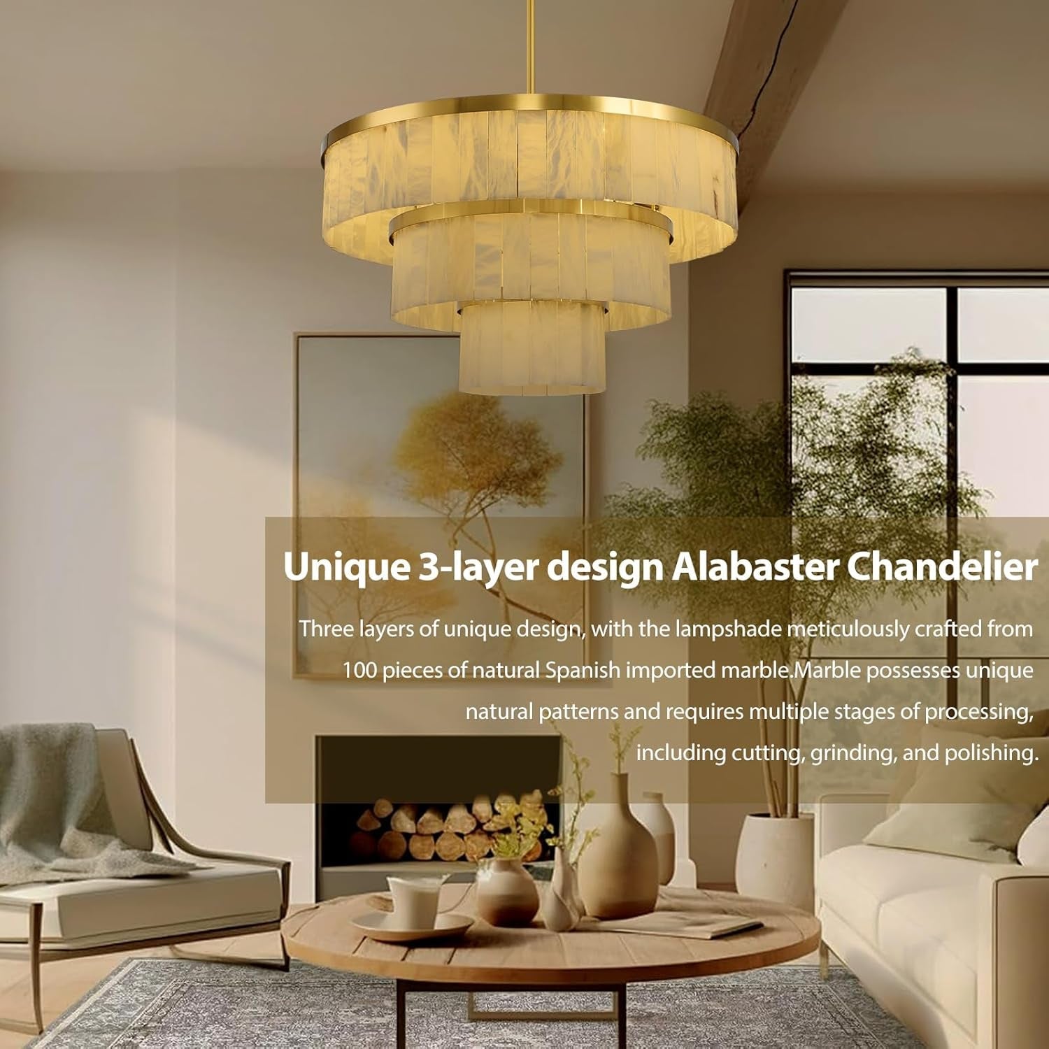 Alabaster 3 Tier Chandelier 34 Inch Gold Finish Fixture-4
