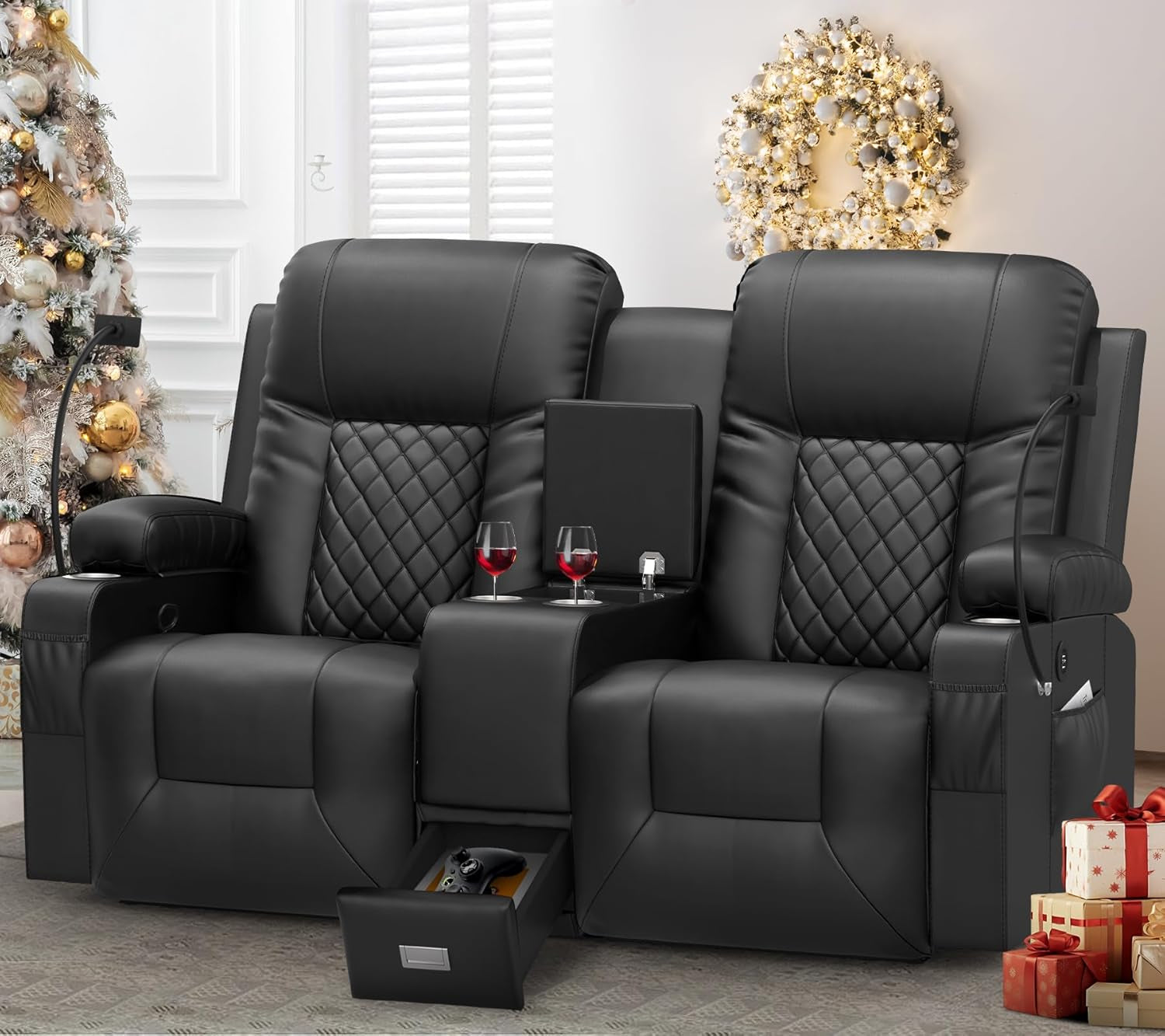 Large Loveseat Recliner, Loveseat Recliner Sofa with Storage Console, Recliner Chair with USB Ports, 2 Cell Phone Holders, Cup Holder, Loveseat Couch for Living Room-0