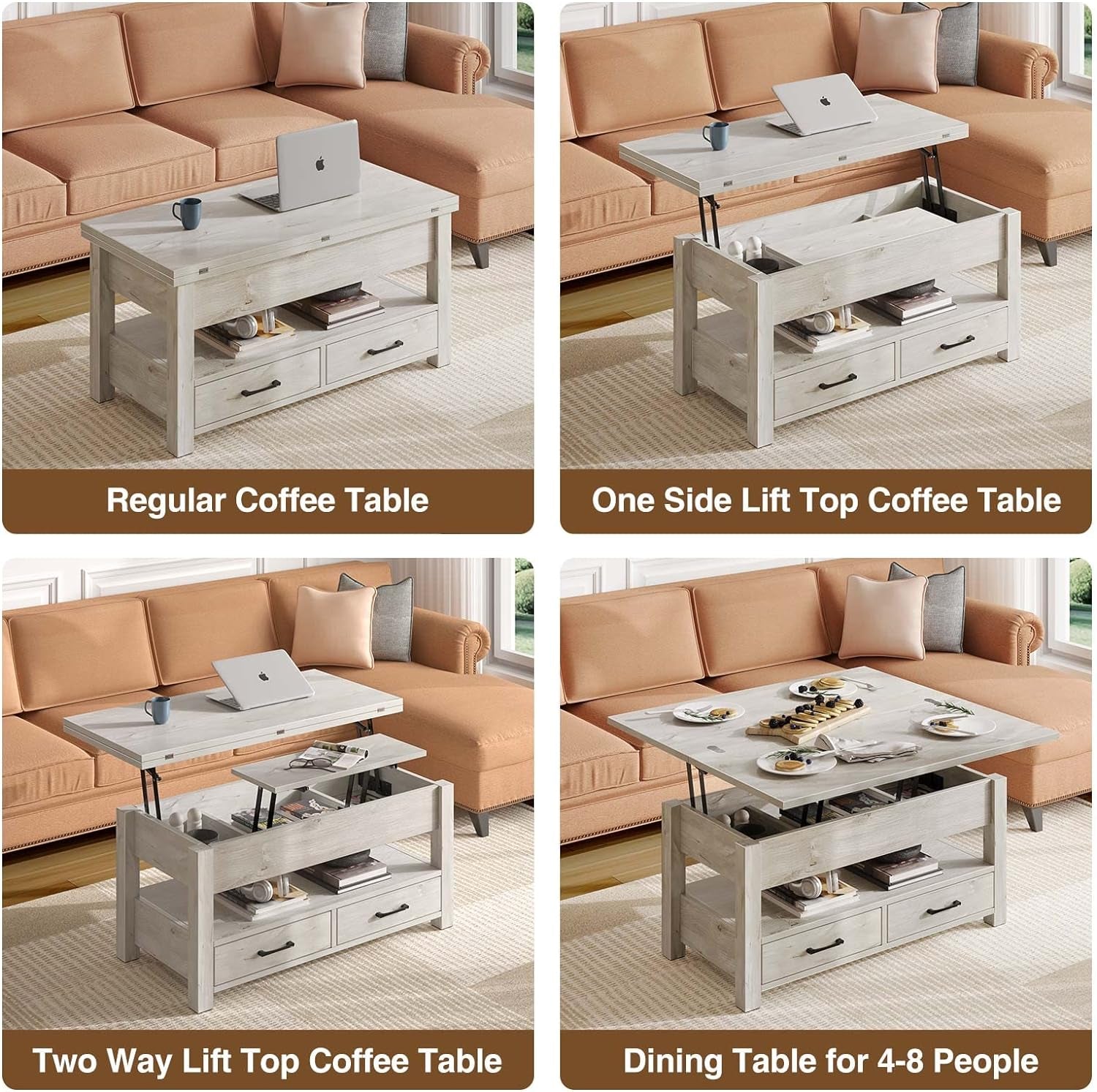 Coffee Table Lift Top, Multi-Function Convertible Coffee Table with Drawers and Hidden Compartment, Coffee Table Converts to Dining Table for Living Room, Home Office,Grey-4