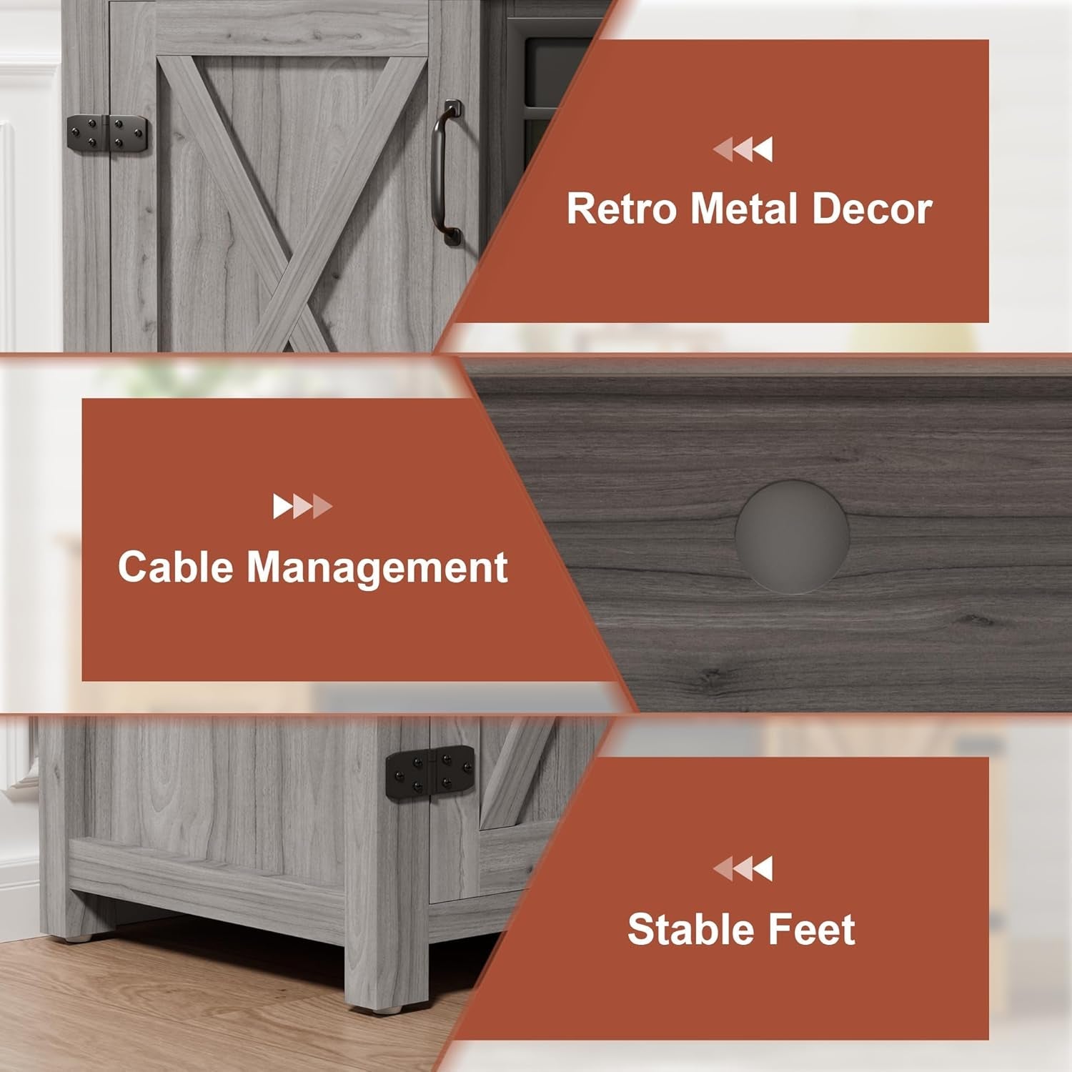 Farmhouse Fireplace TV Stand for Tvs up to 65 Inch Highboy Entertainment Center with Open Storage and Side Cabinets Rustic Media Console Table with Barn Doors for Living Room (Grey Wash)-4