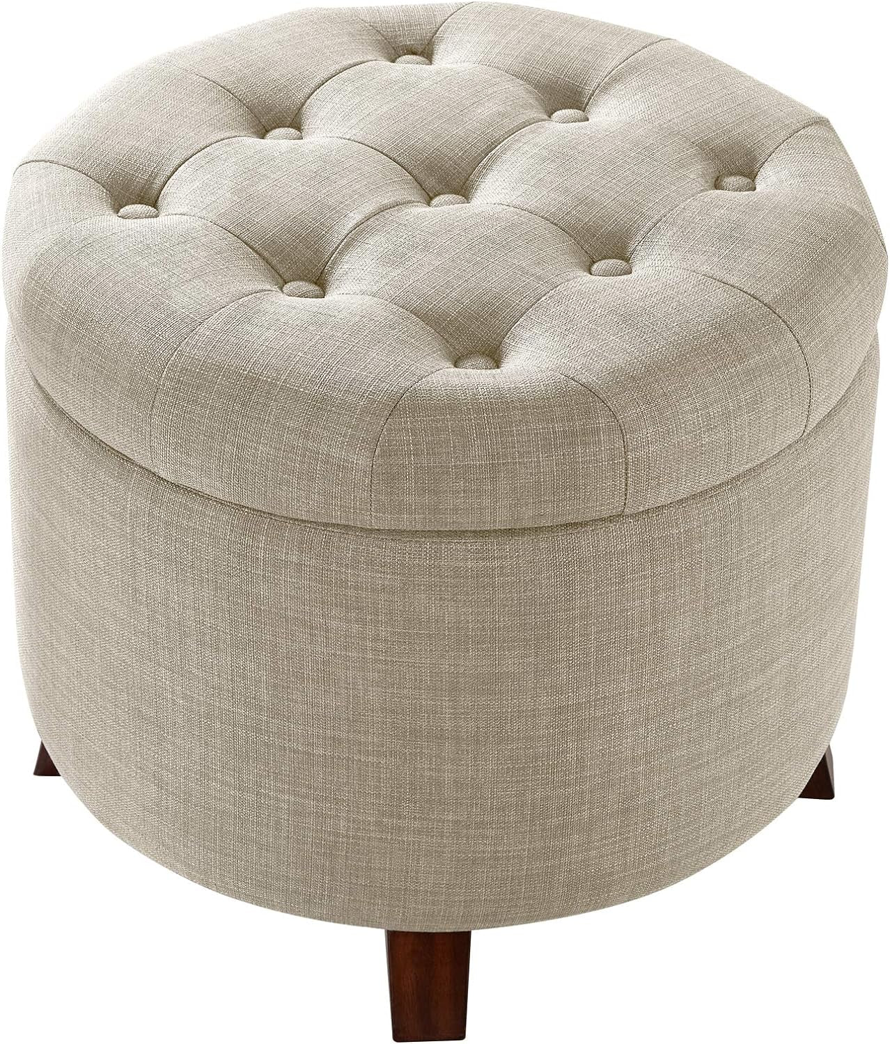 Beige Linen Round Storage Ottoman Featuring Tufting-3