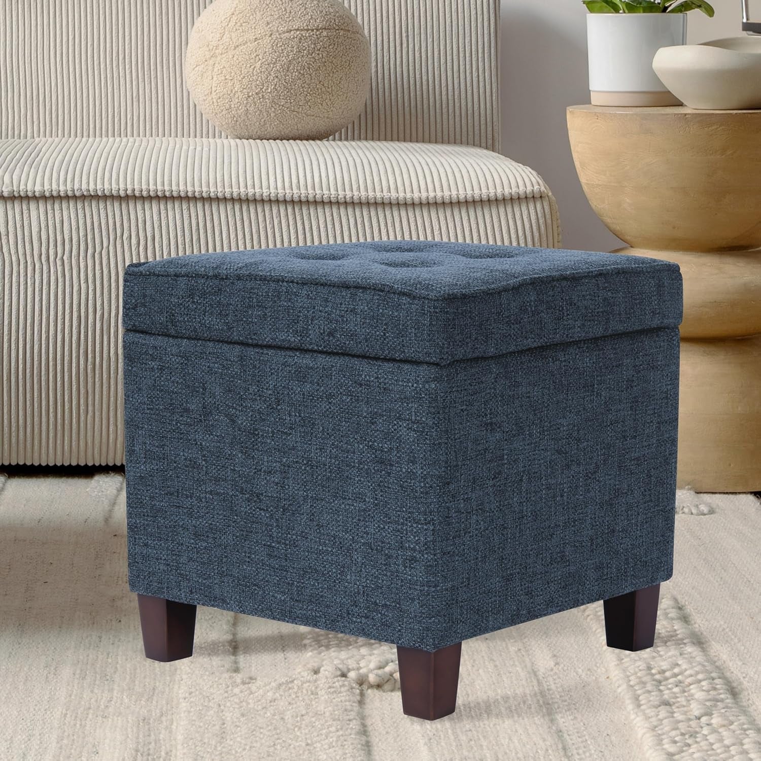 Navy Textured Square Tufted Storage Ottoman Compact-1