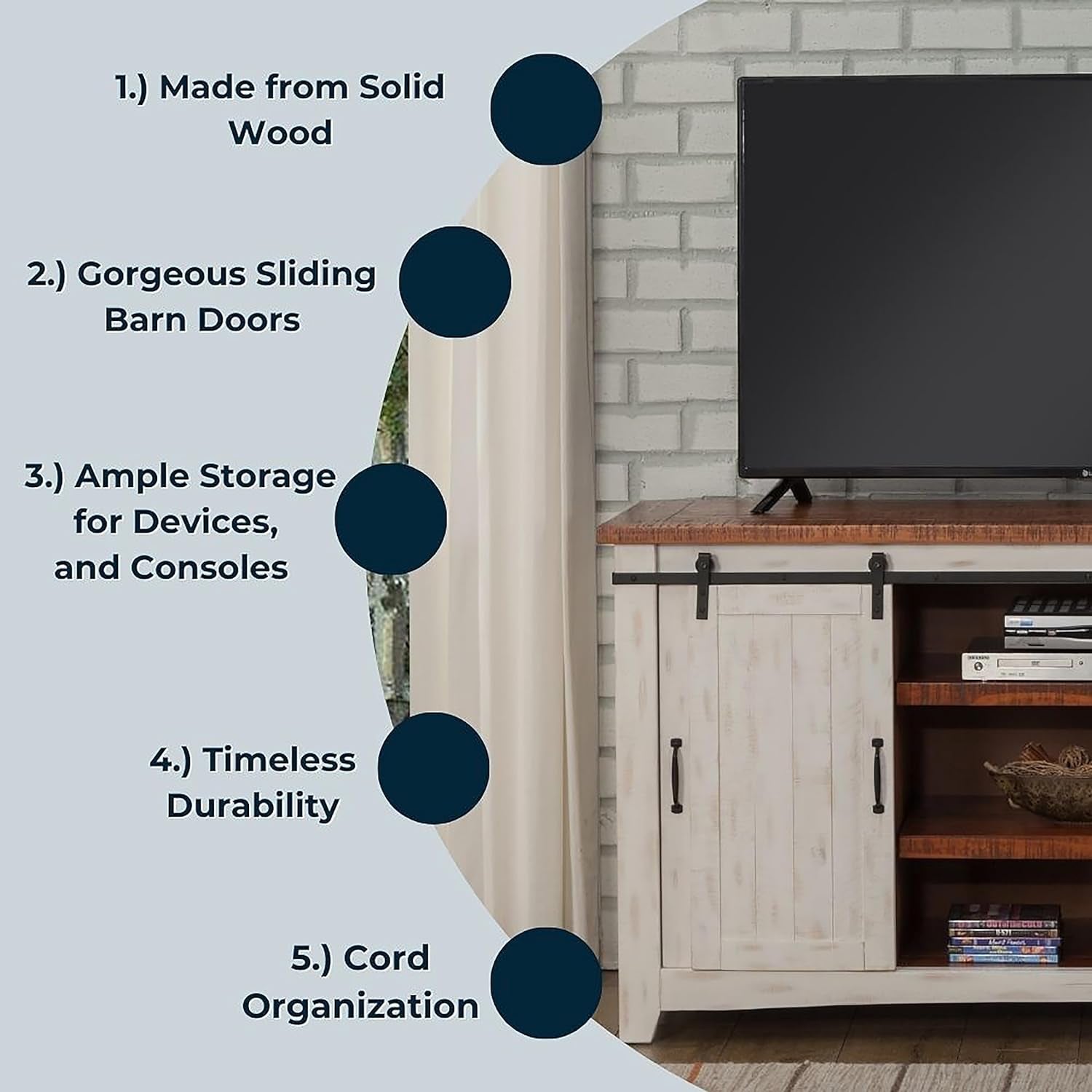 Rustic 65” Solid Wood TV Stand with Storage, White and Aged Distressed Pine-3