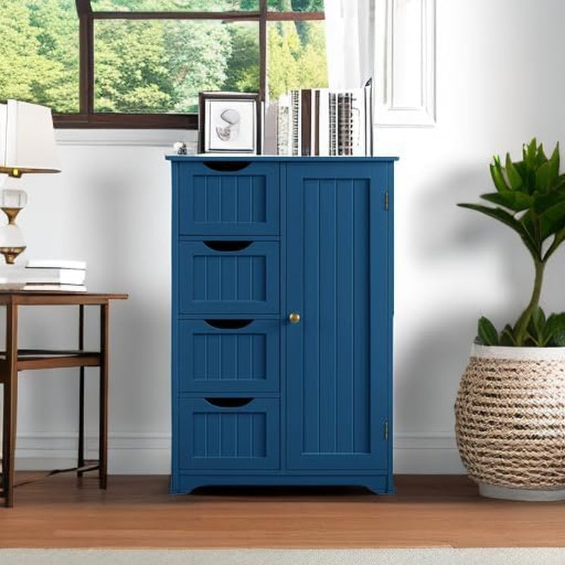Navy Blue Wooden Bathroom Floor Cabinet With 4 Drawers And Cupboard-4
