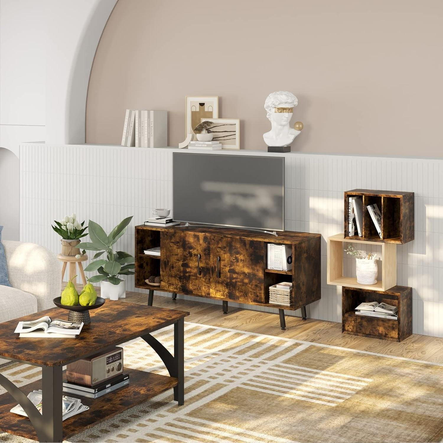 Modern Industrial TV Stand for 50 Inches TV, Classic Entertainment Center with Two Adjustable Shelves, Home Farmhouse TV Media Console Table for Living Room Bedroom, Brown-2