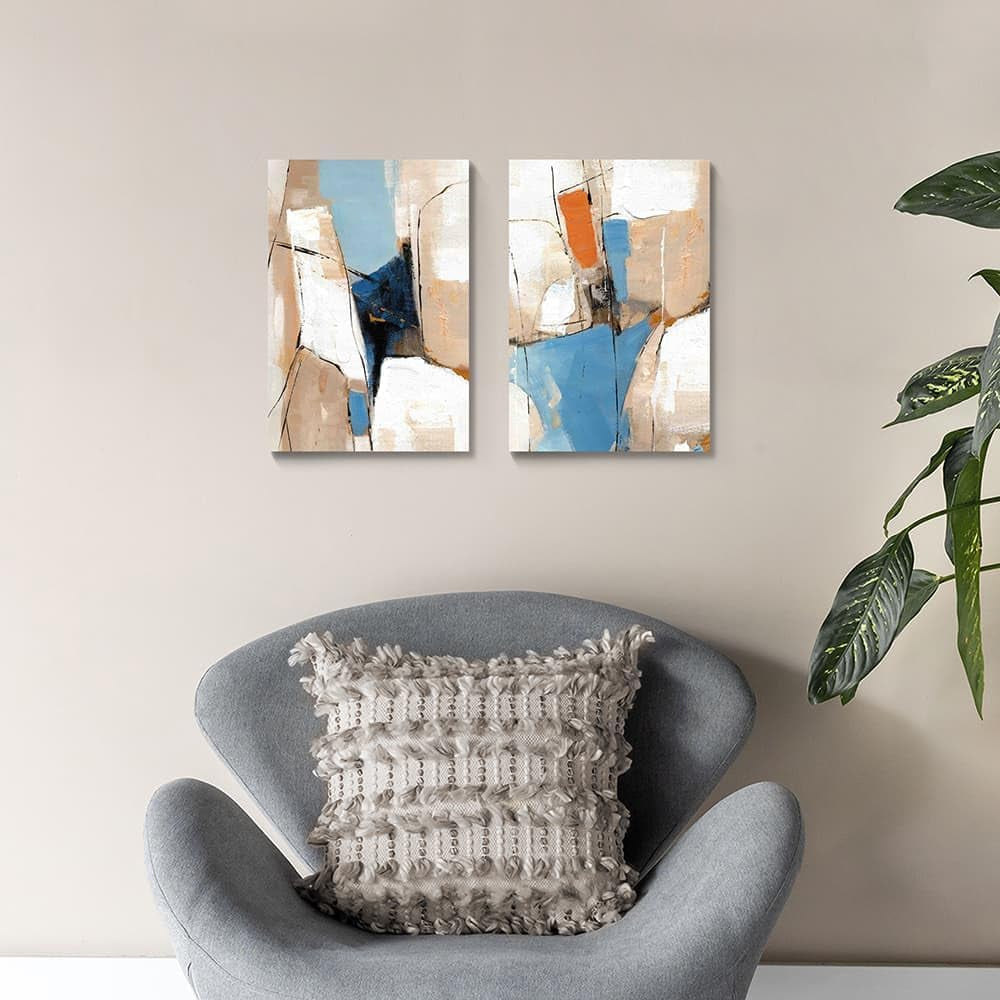 Khaki Blue Abstract Expressionist Canvas Wall Art Duo-3
