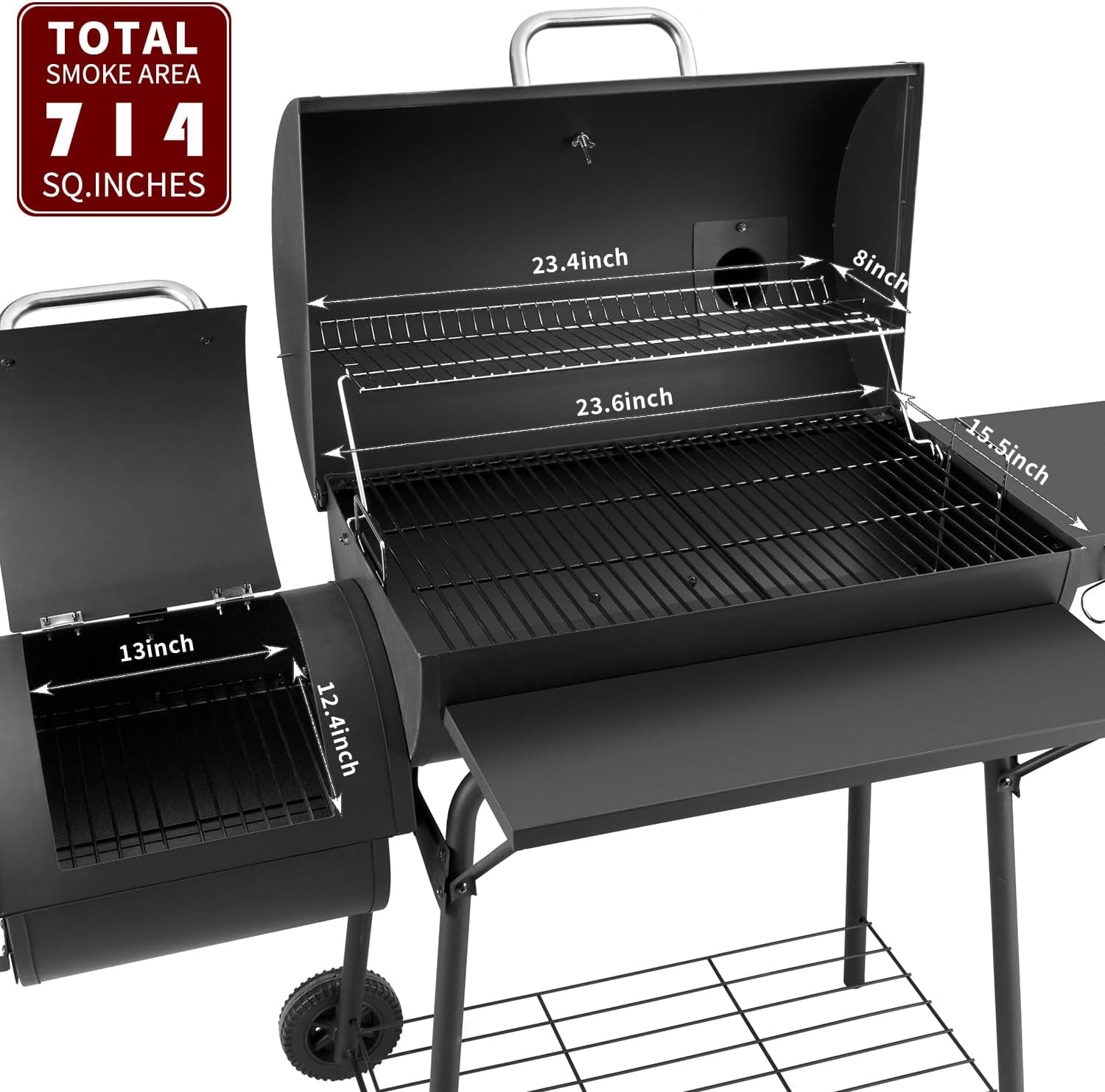 Black Charcoal Grill With Offset Smoker 714 Square Inches