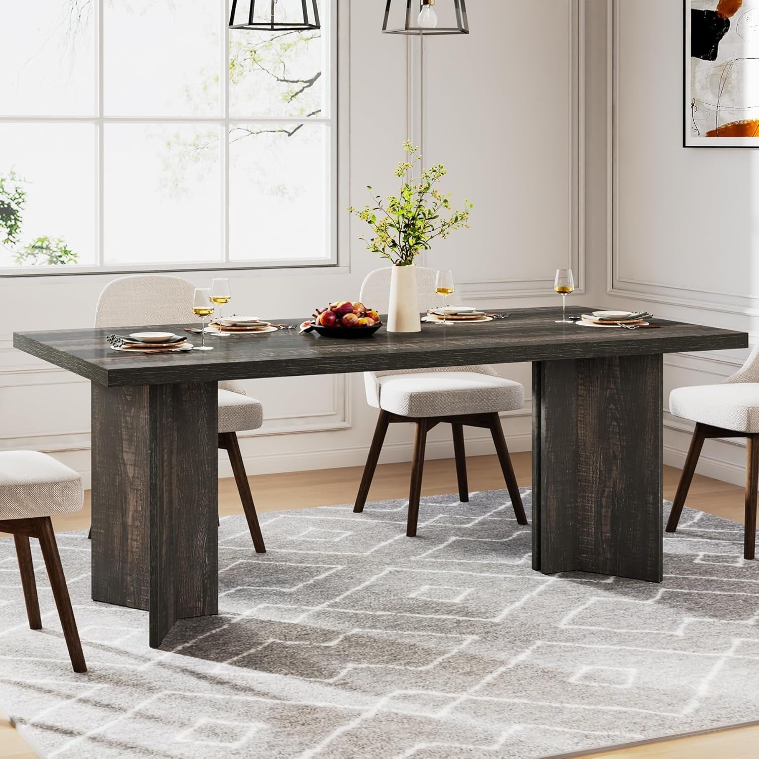 63-Inch Dining Table for 4-6, Farmhouse Kitchen Table with Large Tabletop, Rectangular Dinner Eating Table for Dining Room, Living Room, Kitchen, Dark Gray-3