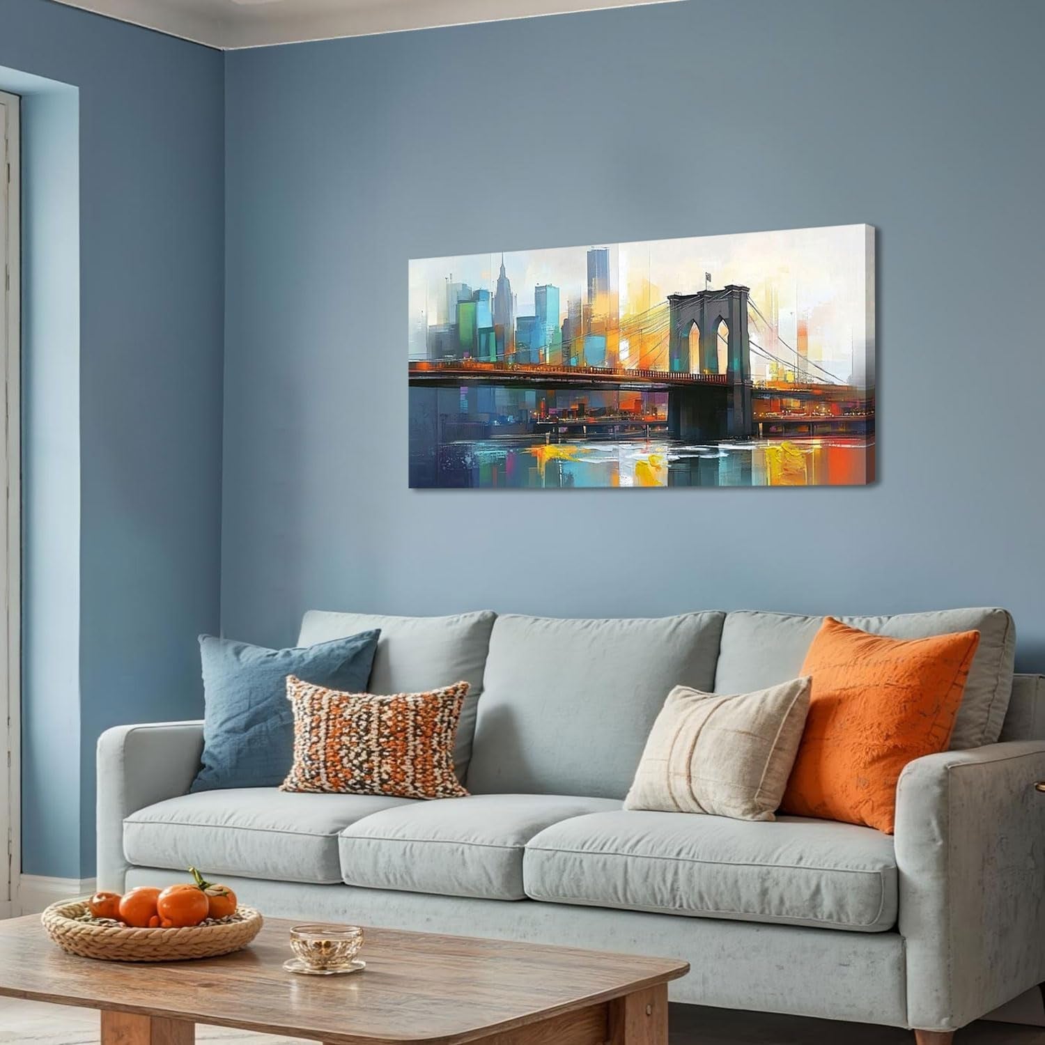 New York City City scape Wall Art Blue Grey 40x20 Framed Canvas-4