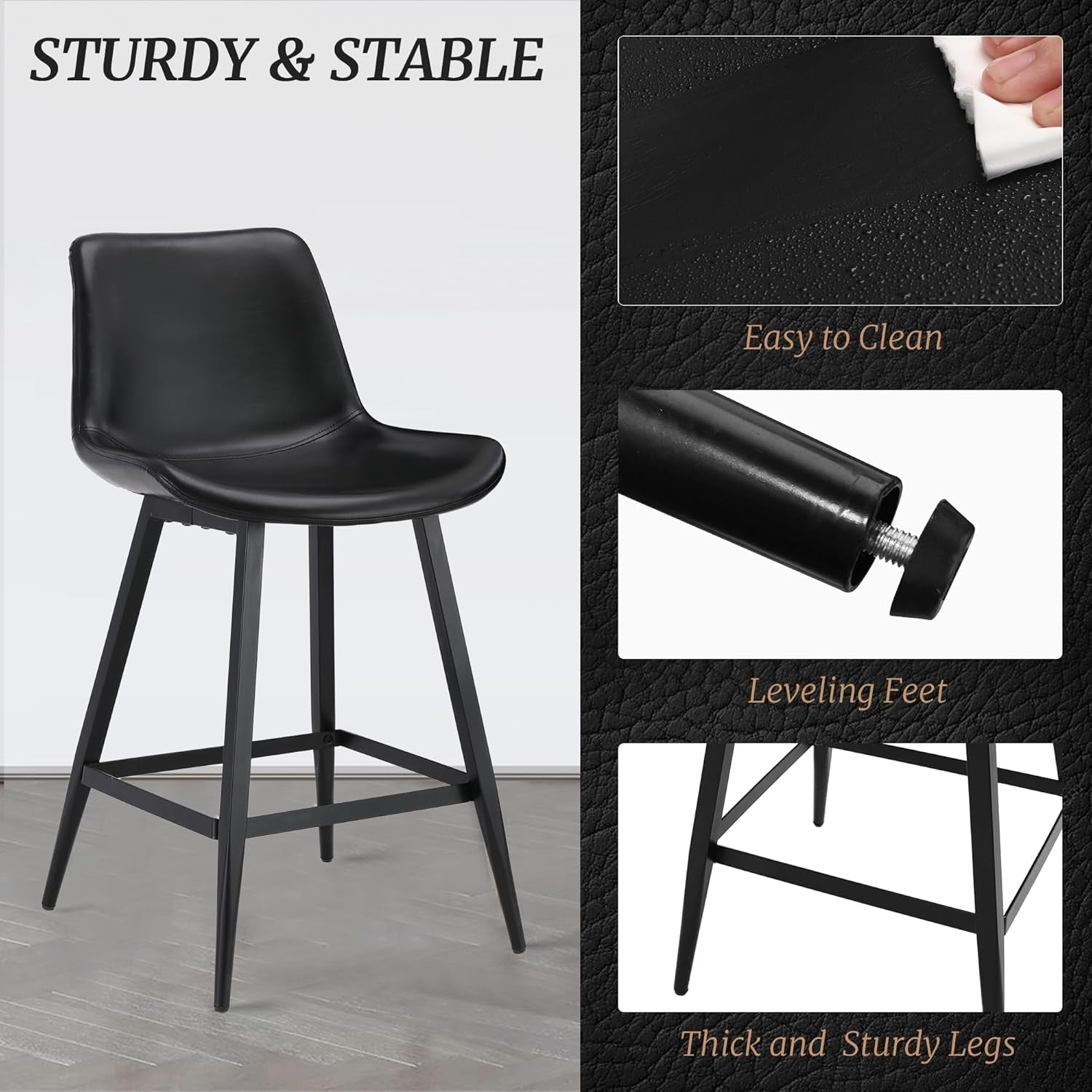 24 Inch Modern Bucket Bar Stool Set Of 3 With Back And Footrest In Faux Leather Black-4