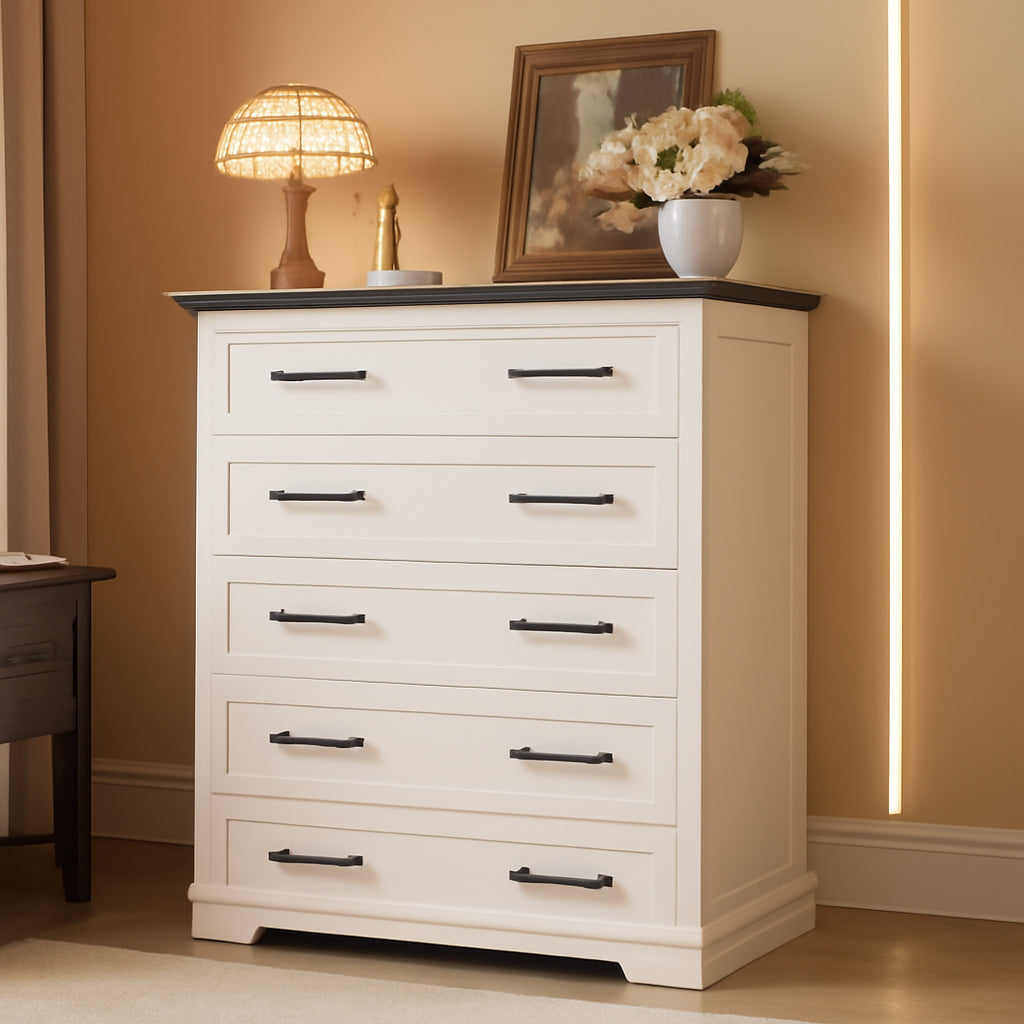 Tall Dresser Five Drawers Farmhouse White Distressed-0