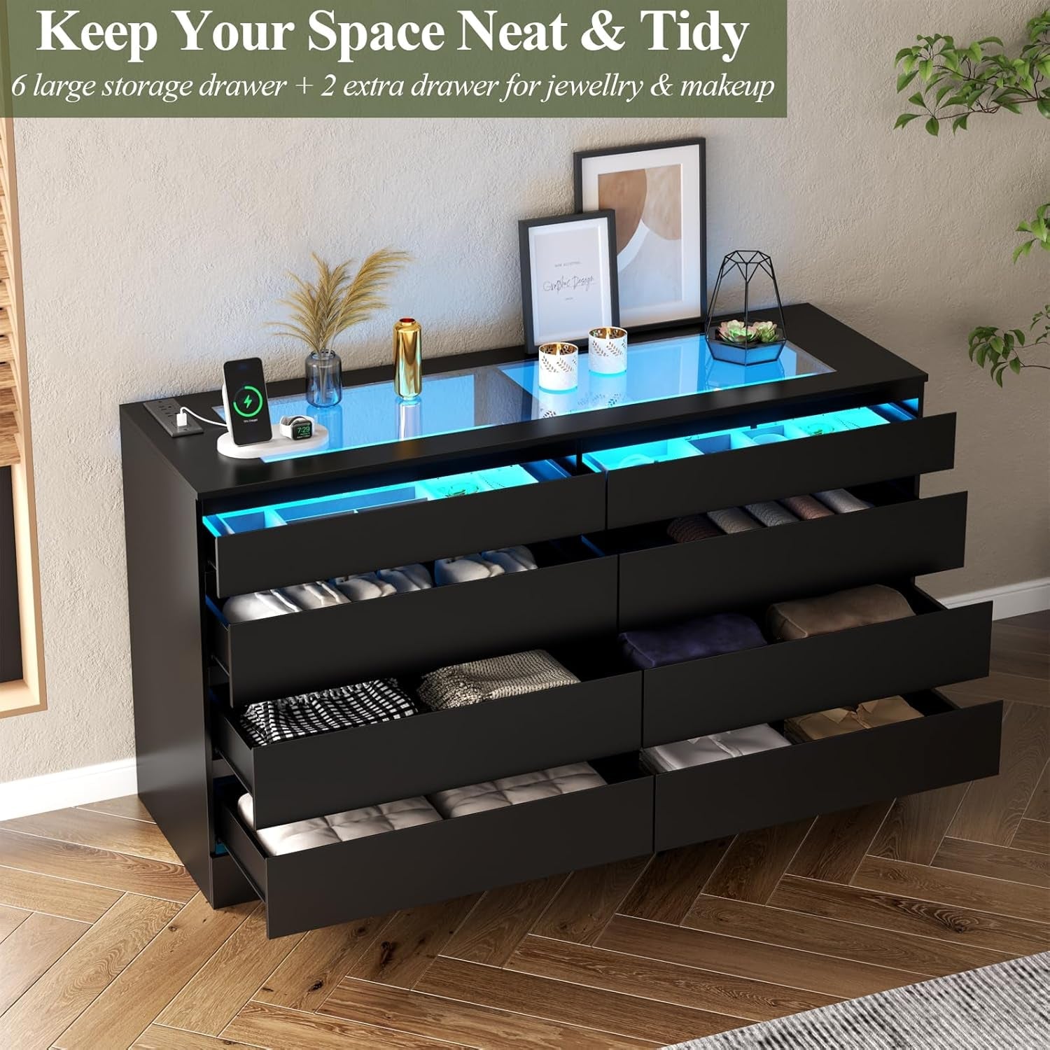 White Eight Drawer Dresser Featuring Electrical Outlet-4