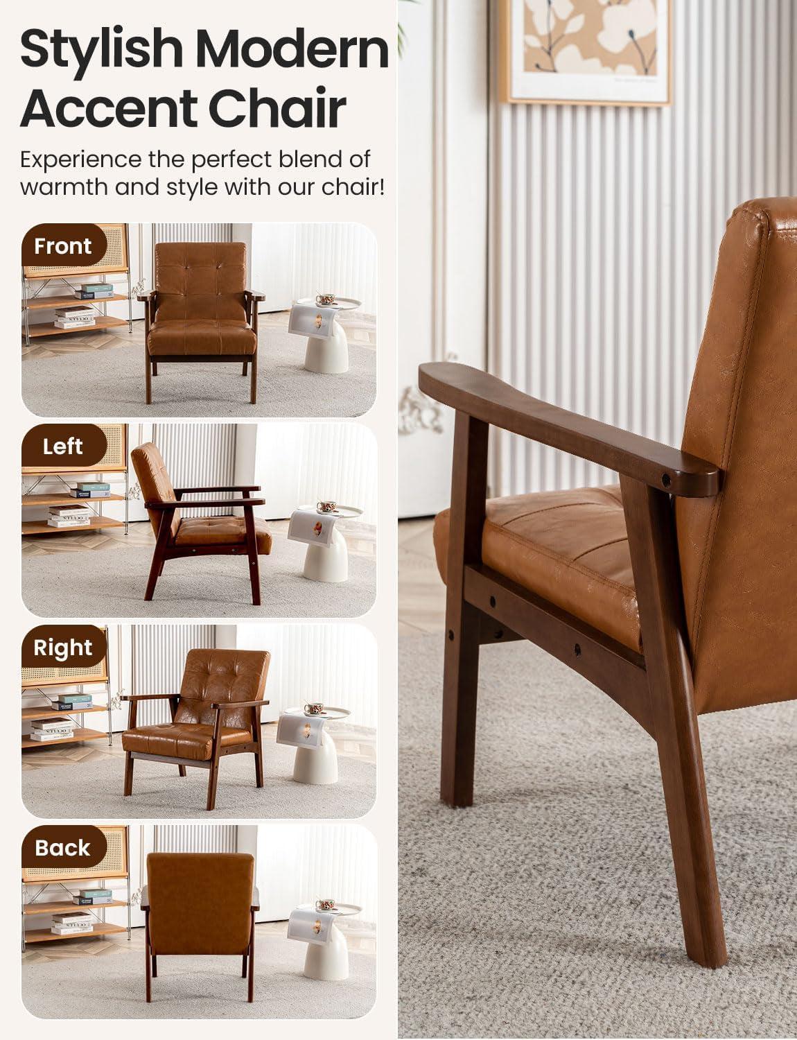 Mid Century Leather Accent Chair With Wooden Arms Brown-2