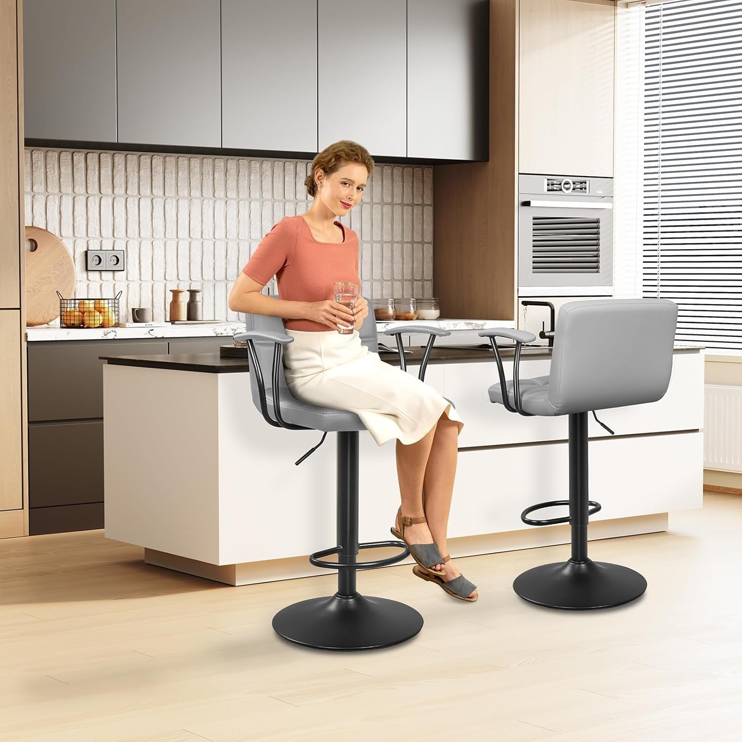 Bar Stools 2 Adjustable Swivel With Back Grey PU Leather-1