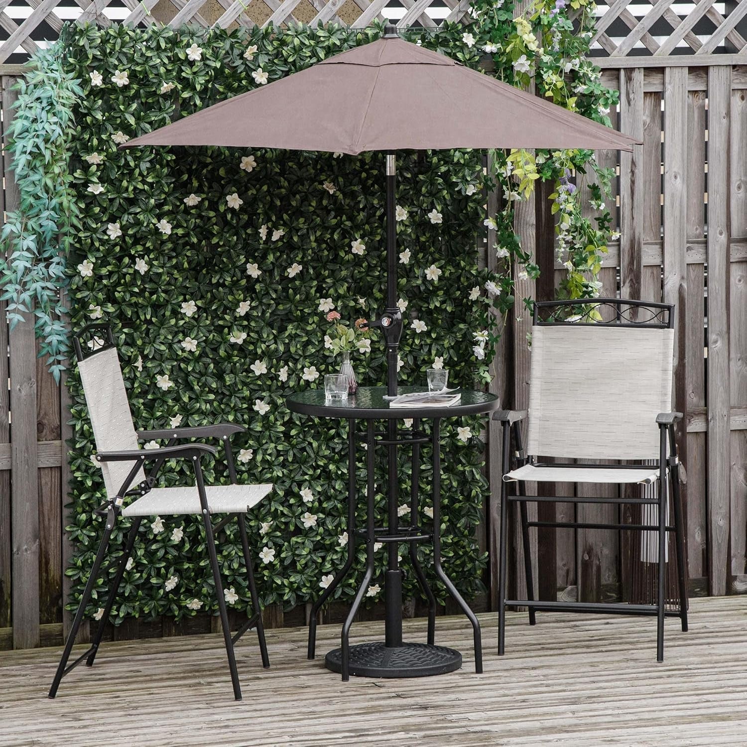 Patio Dining Set With 2 Folding Chairs Beige Umbrella-1