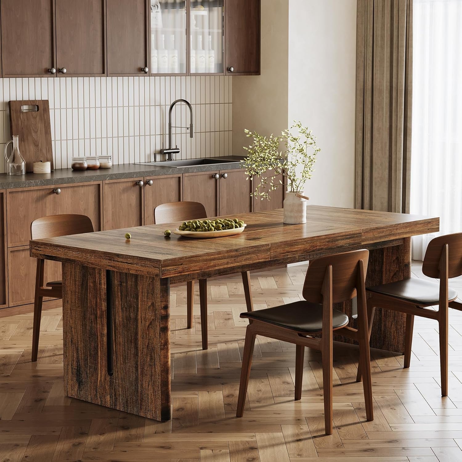 70.8 Inches DeepBrown Rustic Farmhouse Dining Table-4