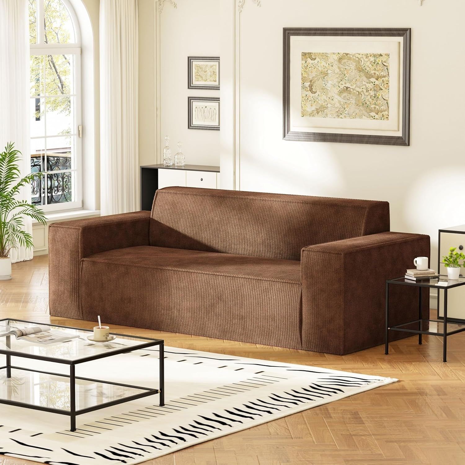 Sofa-In-A-Box, Memory Foam 3-Seater Couch, No Installation & Easy to Transport, Deep Seat Modern Sofa with Corduroy Fabric, Couch for Living Room, Bedroom, Apartment, Home Office, Brown-0