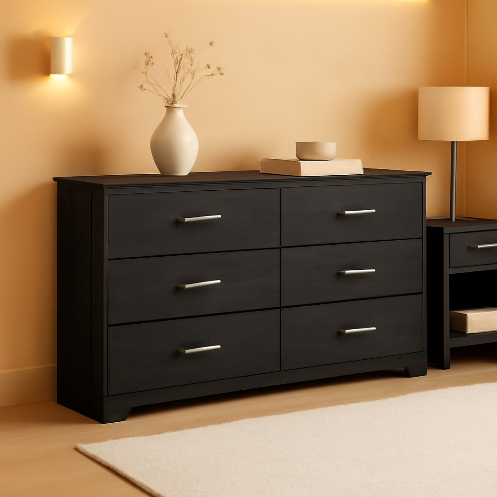 Six Drawer Dresser Black Matte Finish Engineered Wood-0