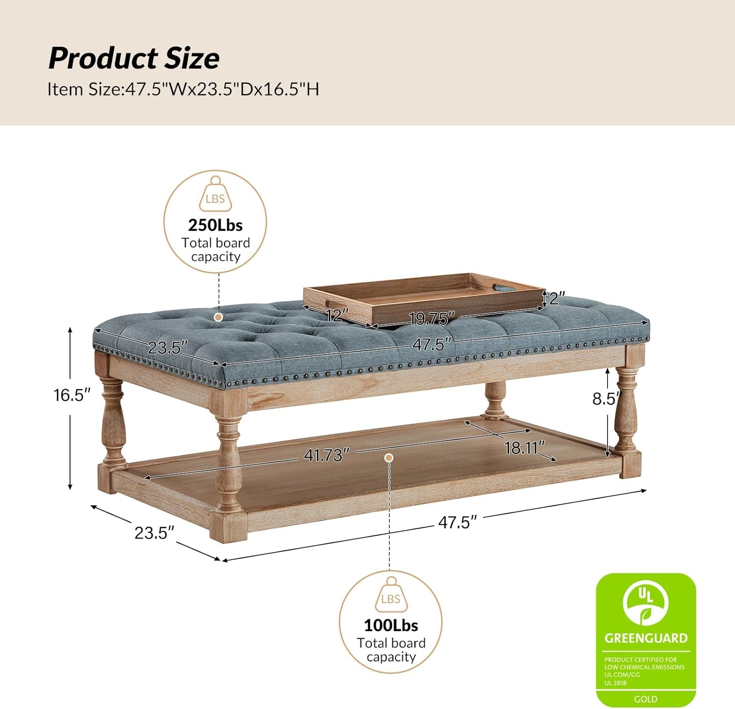 Blue Rectangular Upholstered Ottoman Coffee Table Tray-1
