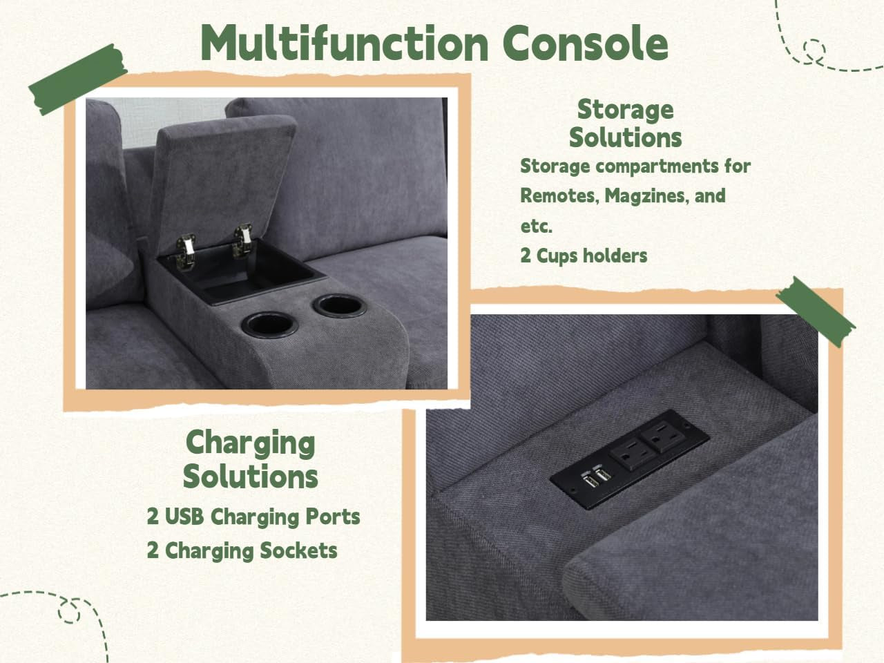 Flannel Modular Sectional Sofa With USB Ports Grey-3