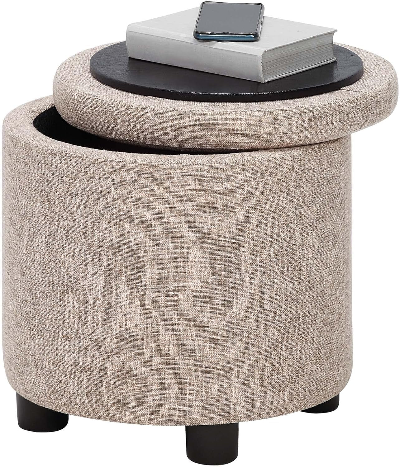 Round Storage Ottoman Upholstered Removable Tray Lid-4