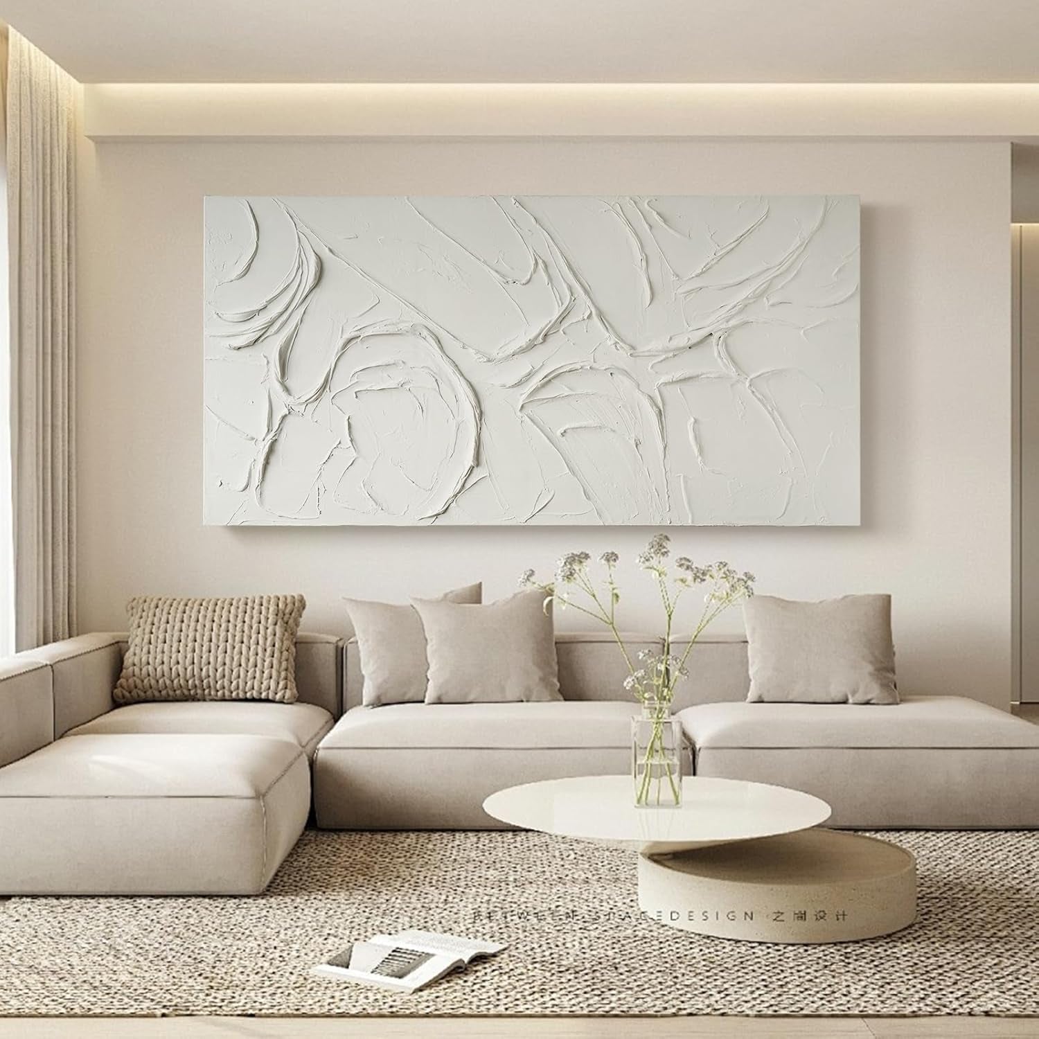 Abstract White Textured Wall Art 58x29 Inches Handmade-4