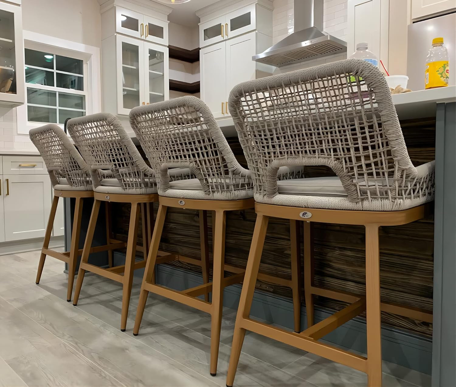 Counter Height Bar Stools Set of 4 Rattan Chair Boho Aluminum Woven Counter Stools with Back and Footrest Modern Patio Seating 24.8 Inches Outdoor Barstools-0