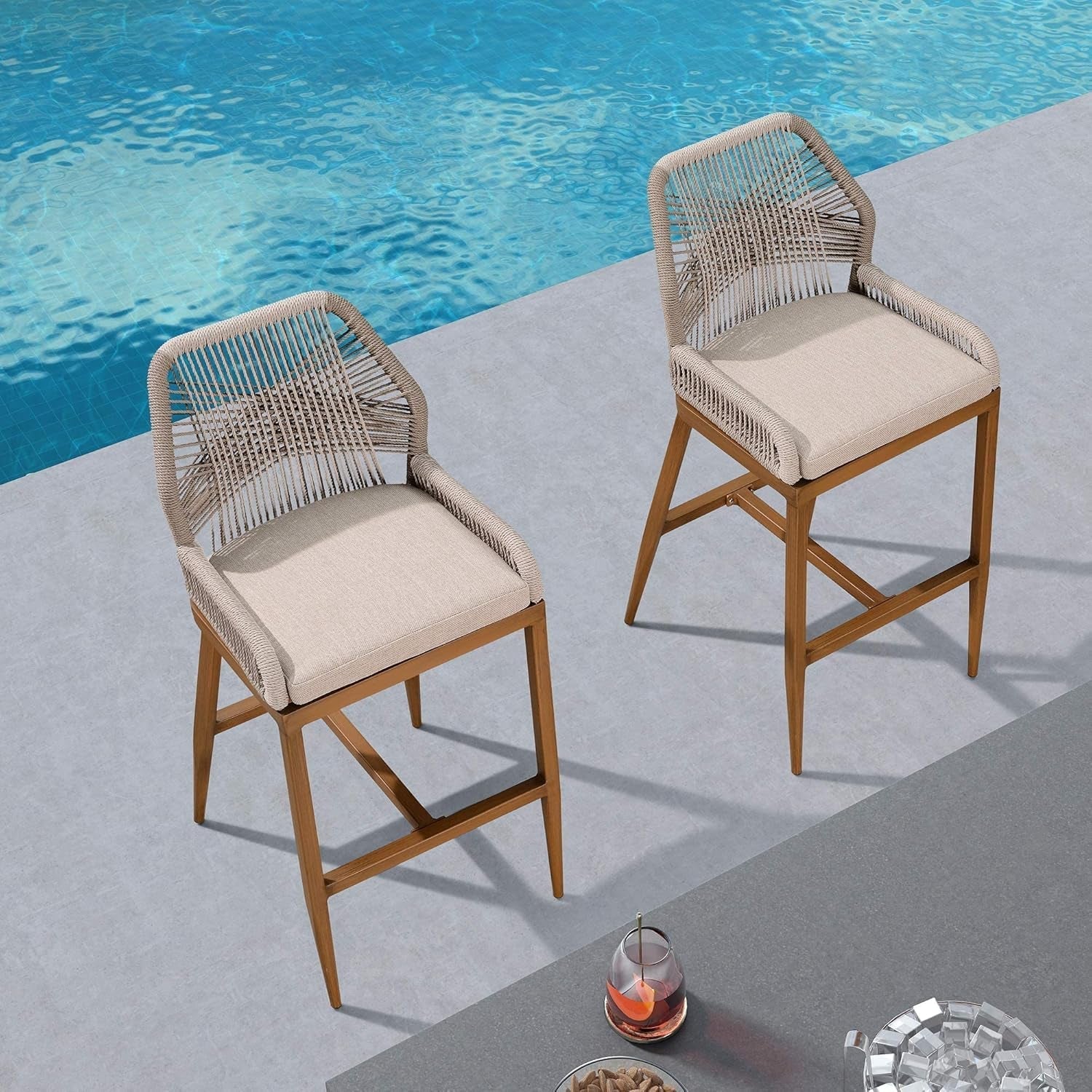 Counter Height Bar Stools Set of 4 Rattan Chair Boho Wicker Metal Counter Stools with Back and Footrest Patio Seating Modern Garden Pool Outdoor Barstools-1