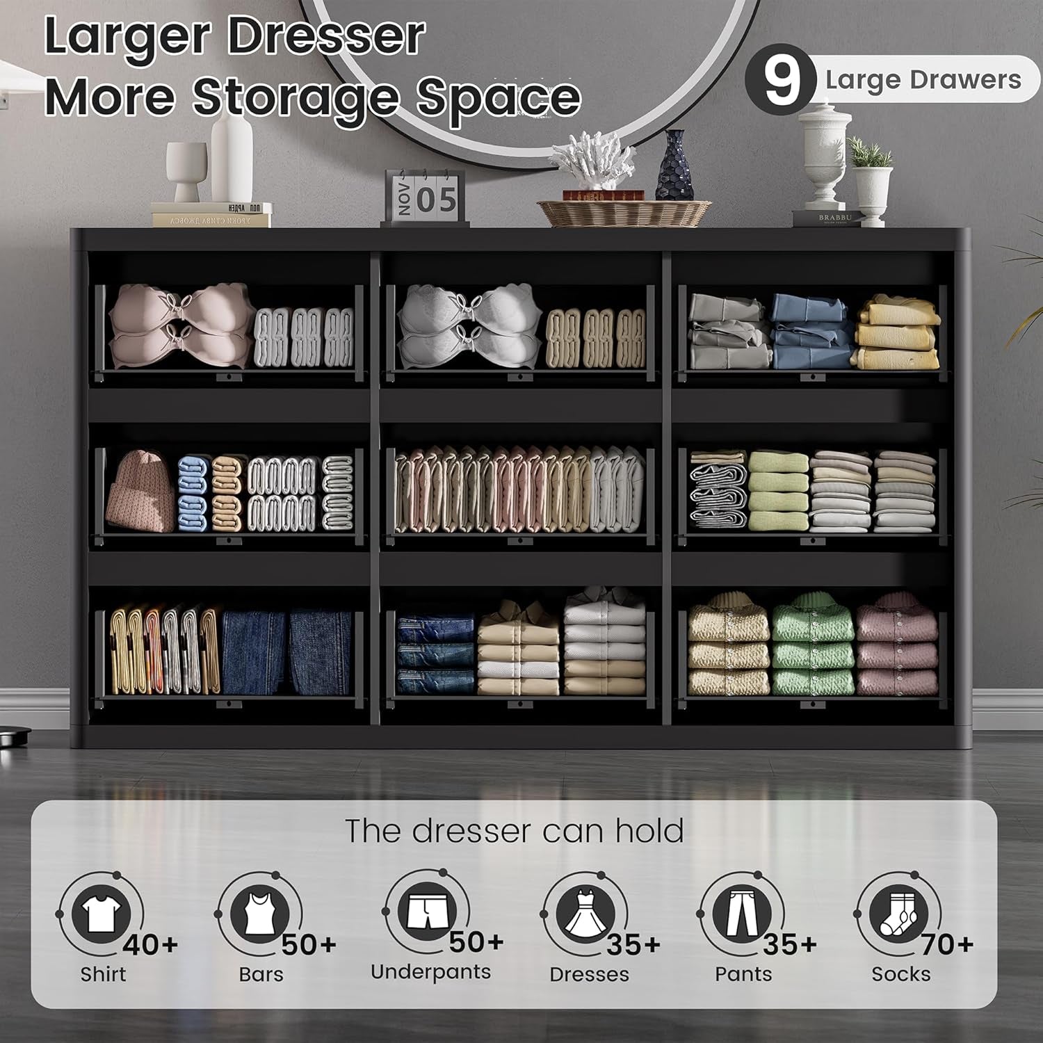 Black FiftySevenInches Nine Drawer Handleless Modern Dresser-2