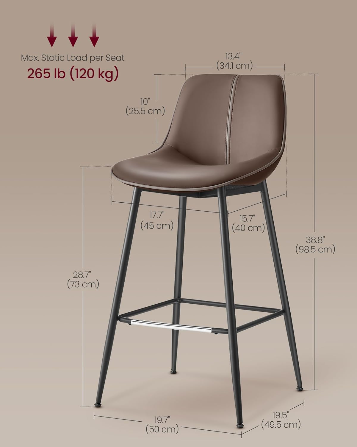 Bar Stools Set Of 2, 28.7 Inch Bar Height With Back, Coffee Brown-1