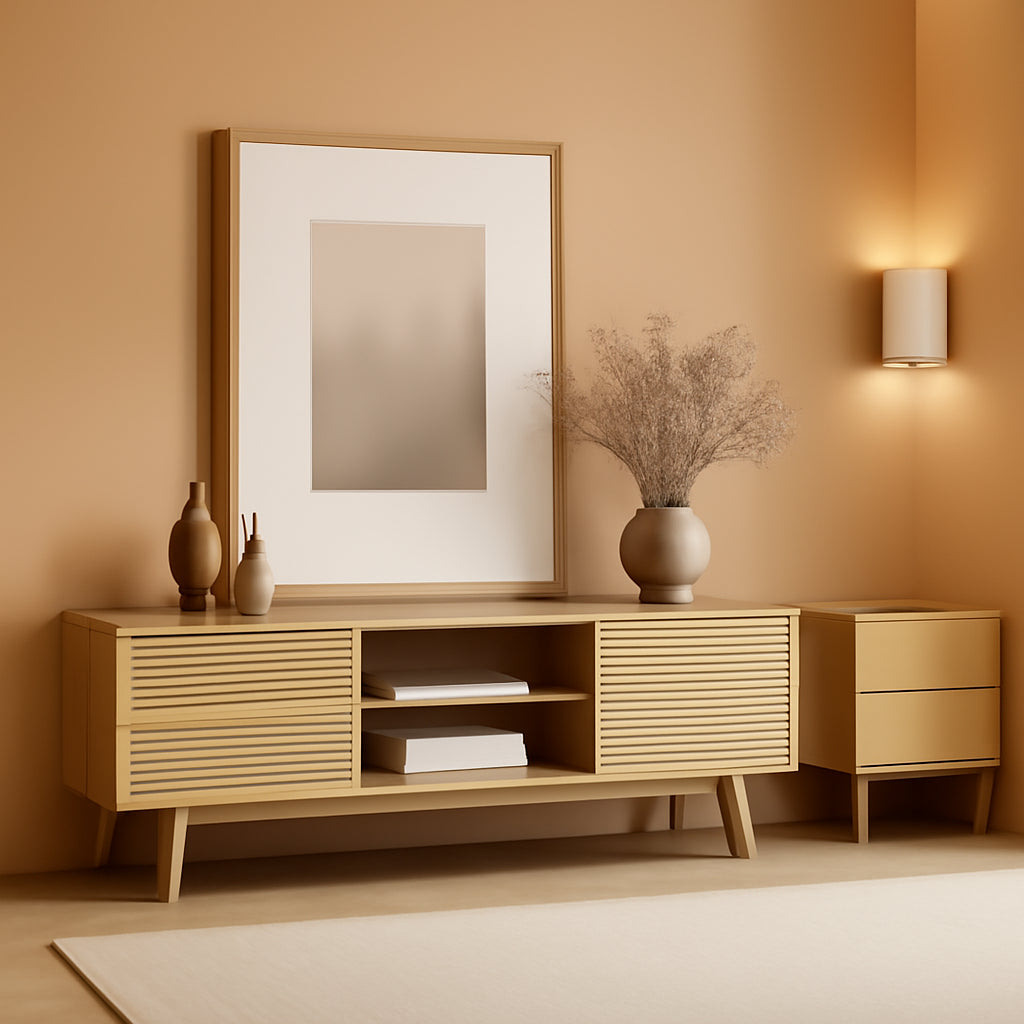 59" TV Console, Mid Century Modern Media Console for 55/60/65 Inch TV, Low Profile TV Stand with Fluted Sliding Doors, Boho Light Wood Credenza for Living Room, Light Oak-0