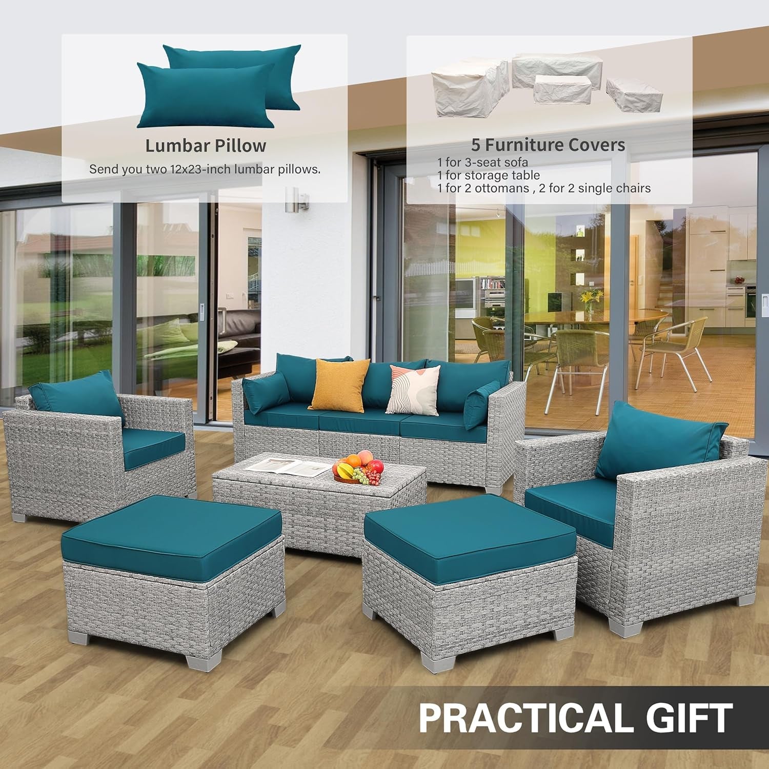 Patio Furniture Set 6 Piece Outdoor Grey Wicker With Peacock Blue Cushions-2