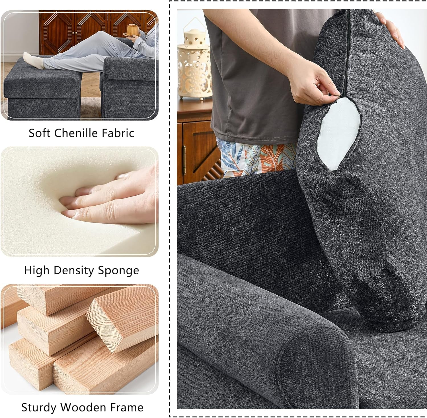 Gray 35 Inch Accent Chair With Ottoman And Chaise Lounge-3