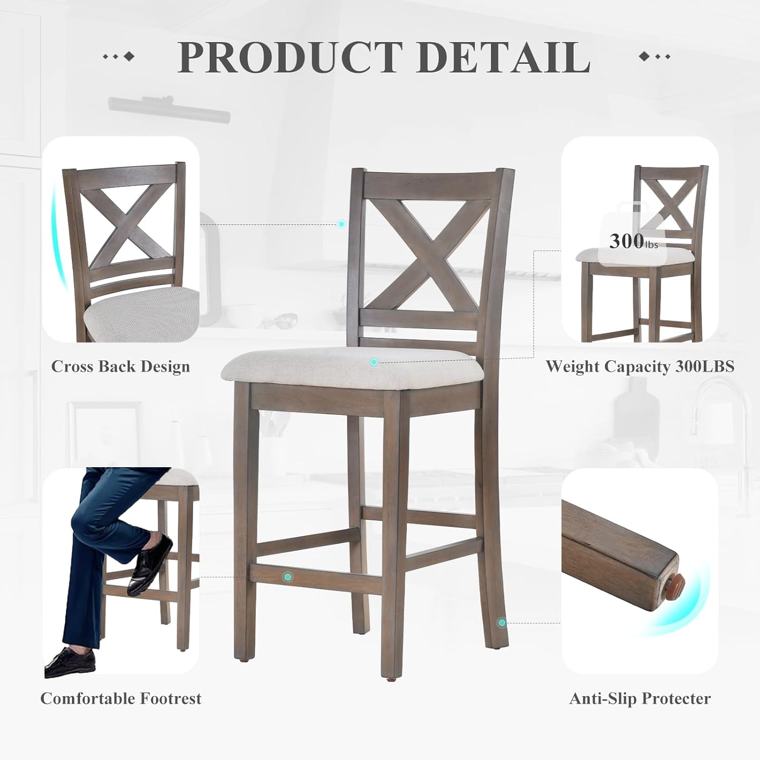 Upholstered Counter Height Bar Stools Set of 4, Modern Kitchen Island Barstools Chairs with Cross Back and Wood Legs for Dining Room Bar, Light Brown Wash-3