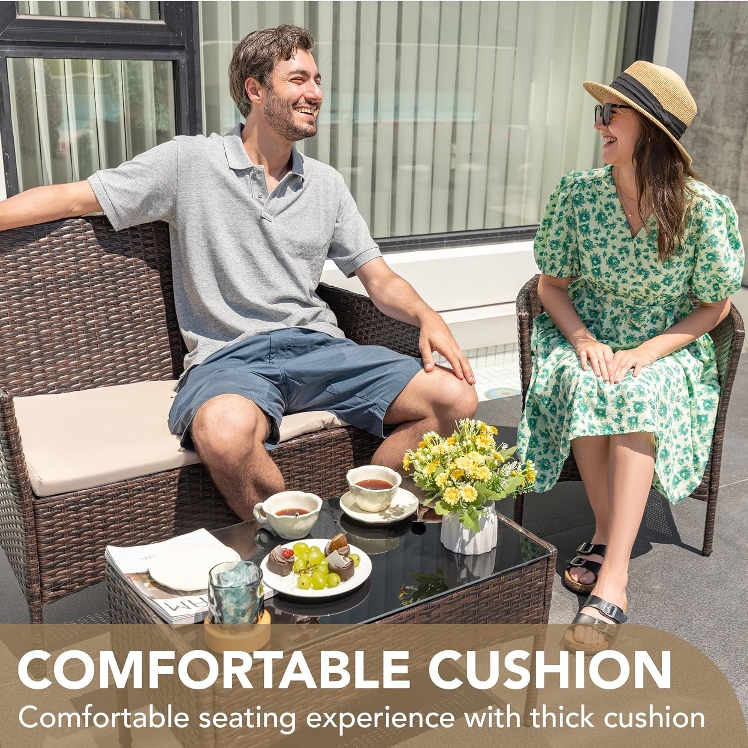 4 Piece PE Rattan Patio Furniture Set With Beige Cushions-2