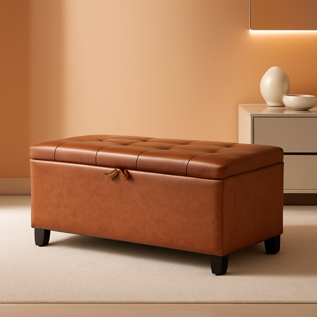 Storage Ottoman Tufted Leather Reddish Brown Bench-0