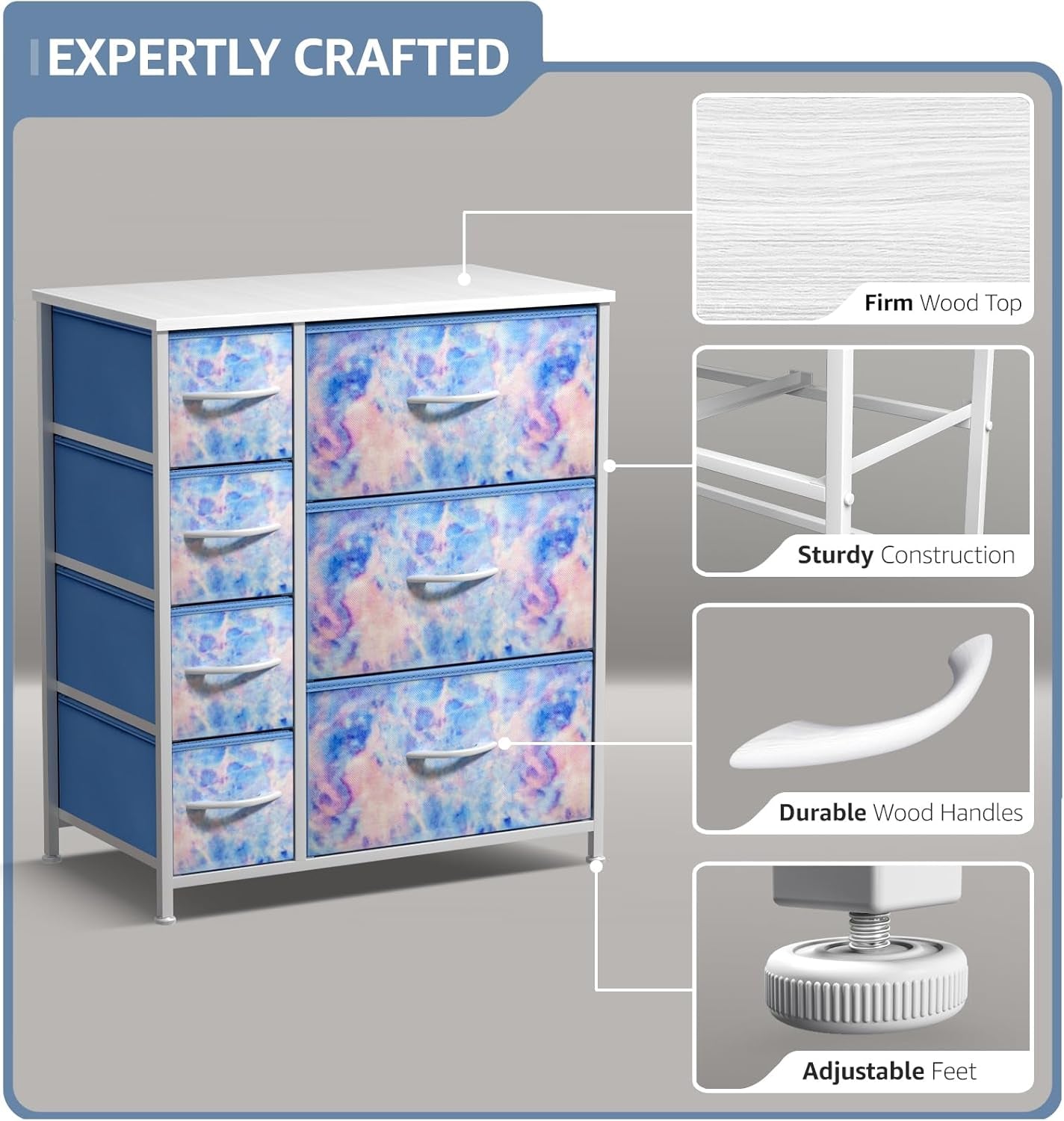 7 Drawer Kids Dresser With Tie Dye Fabric Bins And Wood Top-3