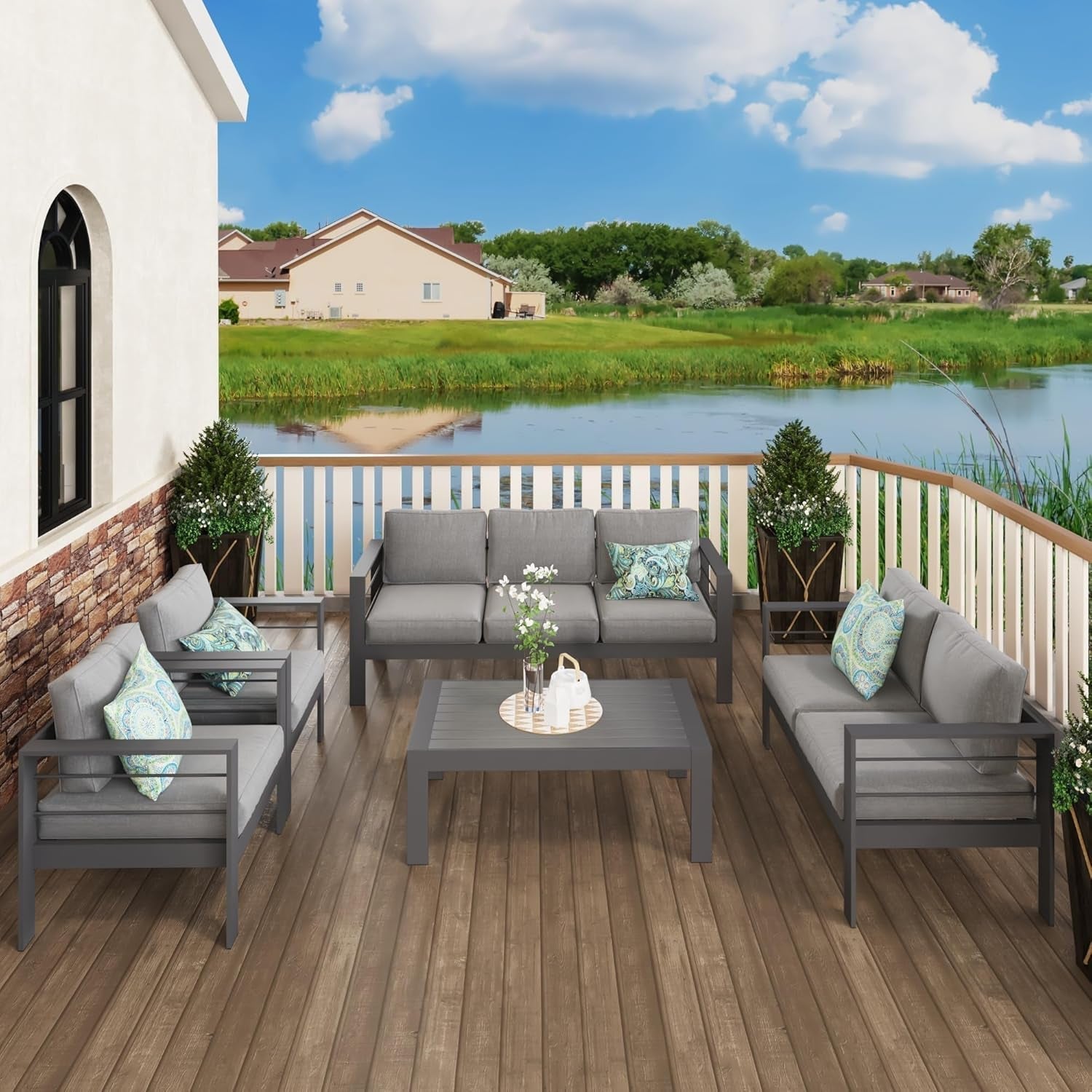 Aluminum Patio Furniture Set Seven Seat Outdoor Conversation Grey Cushions-1