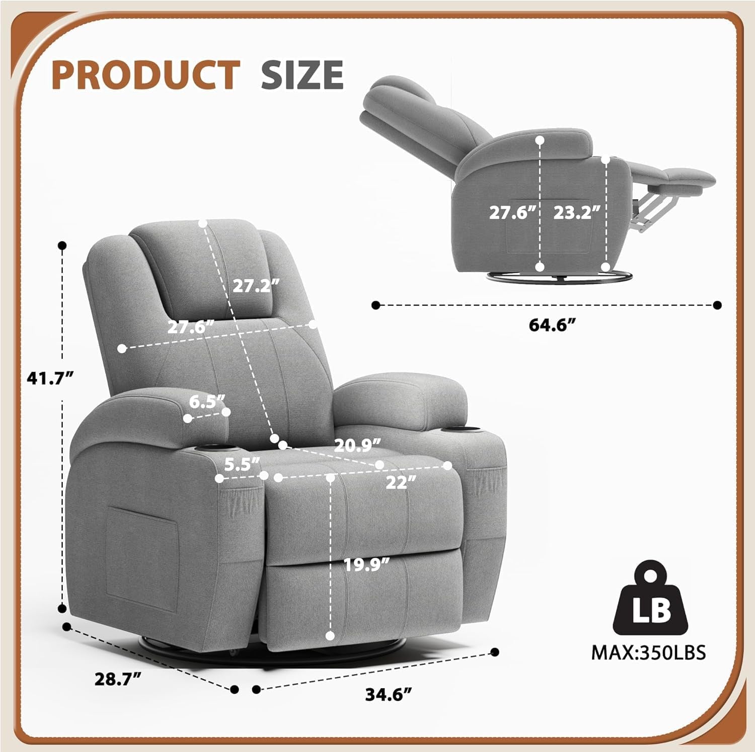 Gray Fabric Swivel Rocker Recliner With Vibration Massage-1