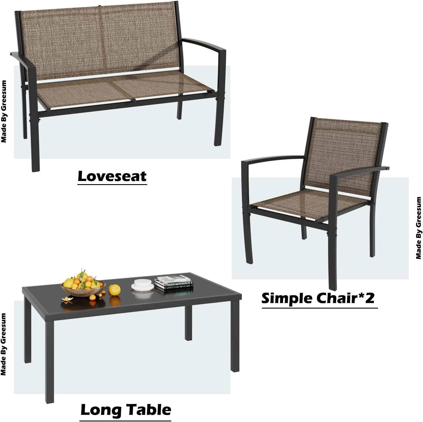 4 Piece Patio Furniture Set With Glass Coffee Table Brown-4